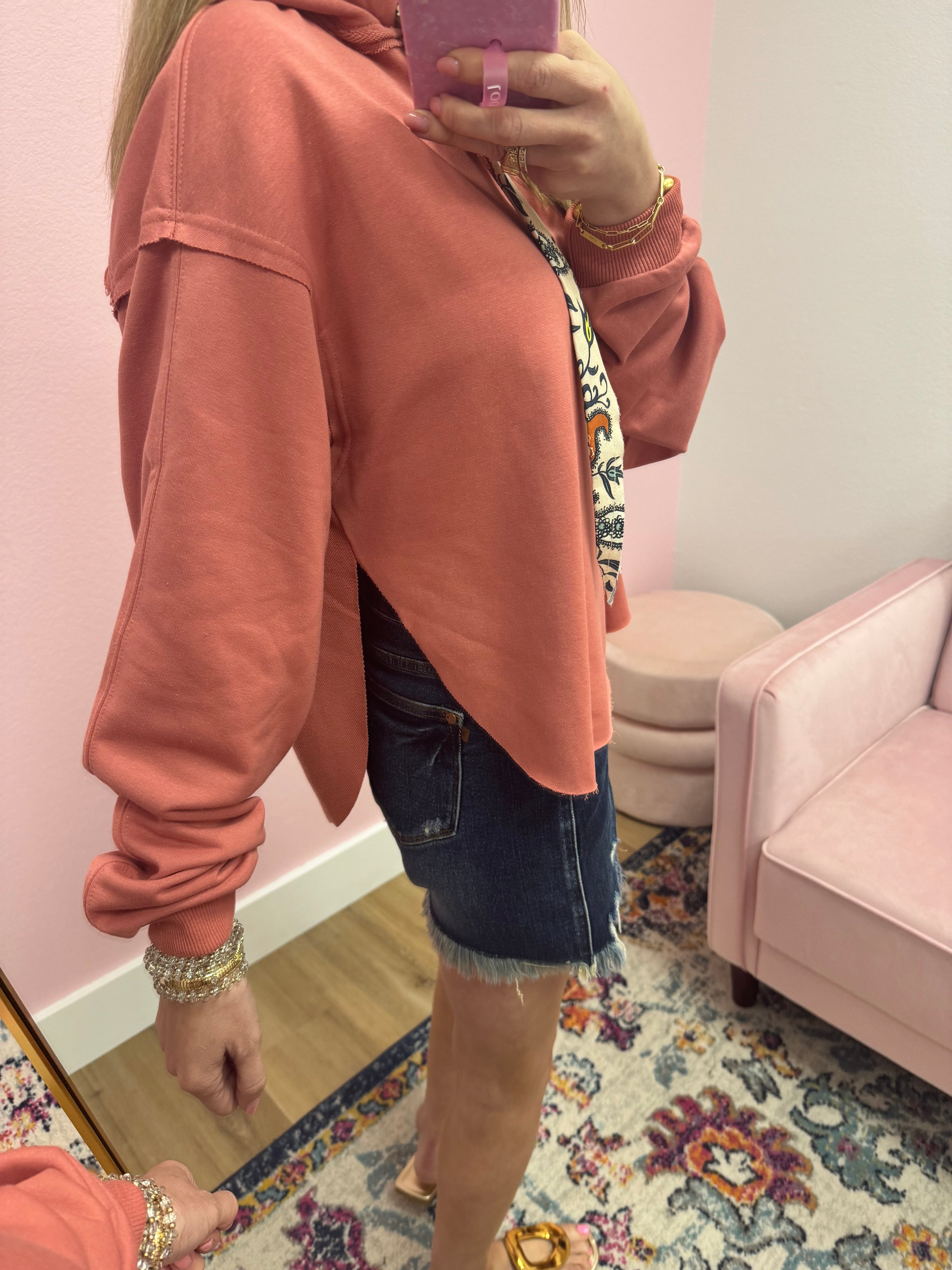 Coral Pullover With Detailed Drawstrings