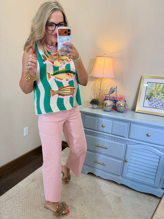 Queen Of Sparkles Teal Multi Trim Fish Knit Tank