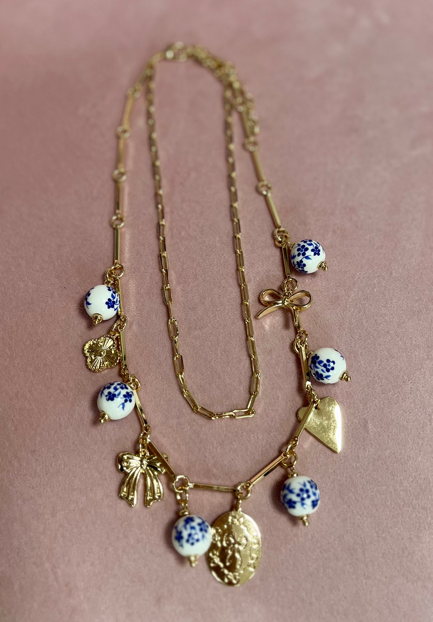 Charm Necklace with Blue & White Beads