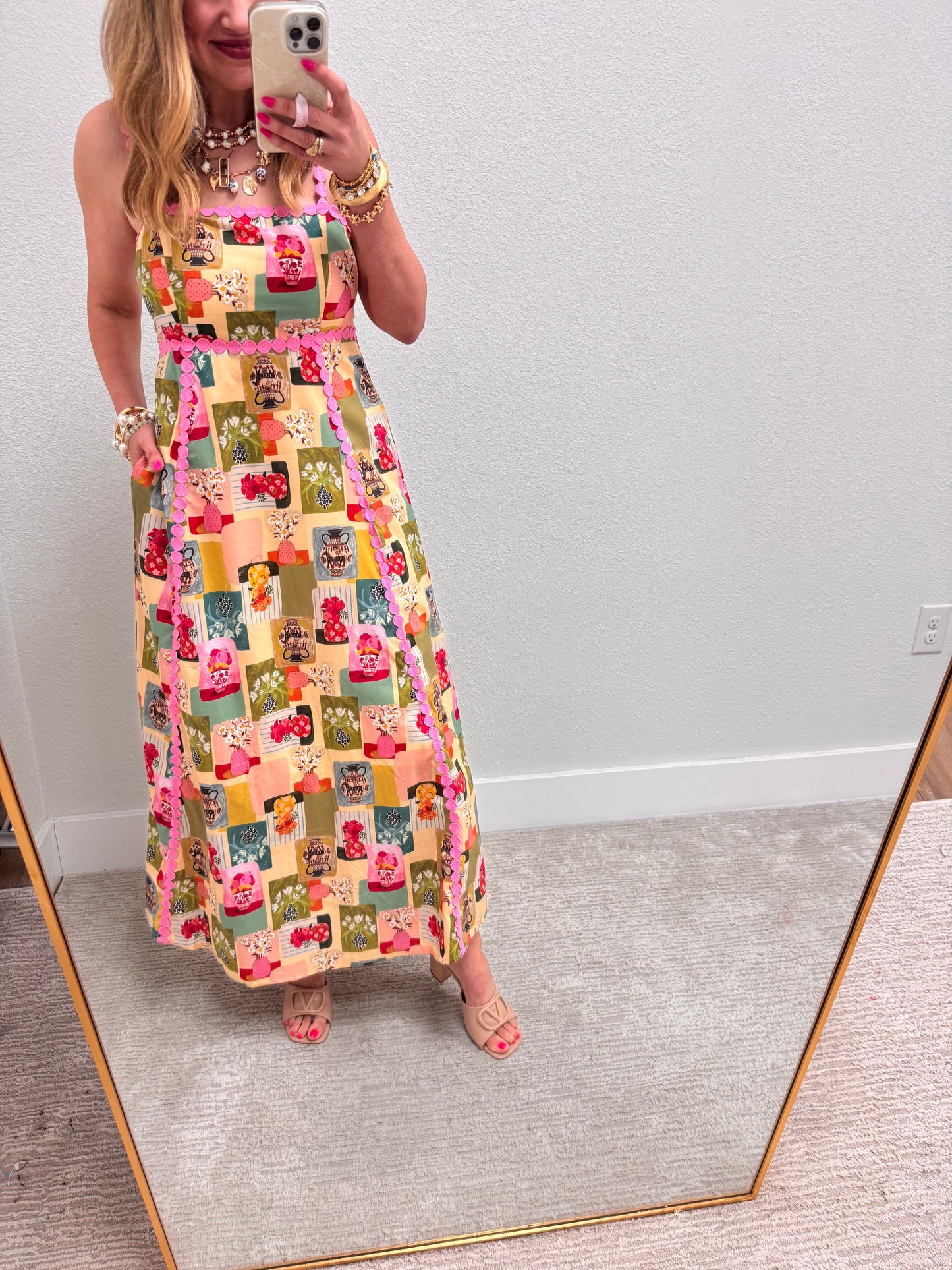 Patterned Maxi Dress with Pink Detail