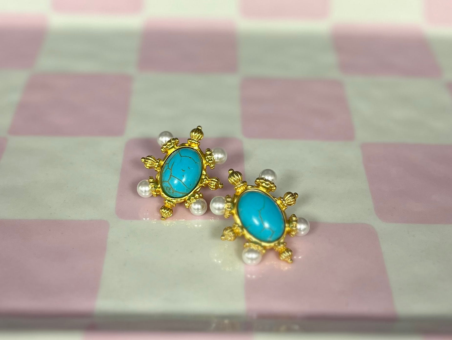 Oval Turquoise and Pearl Gold Studs