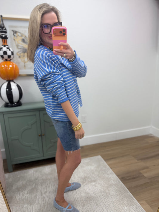 Blue Button Down Stripe Sweater