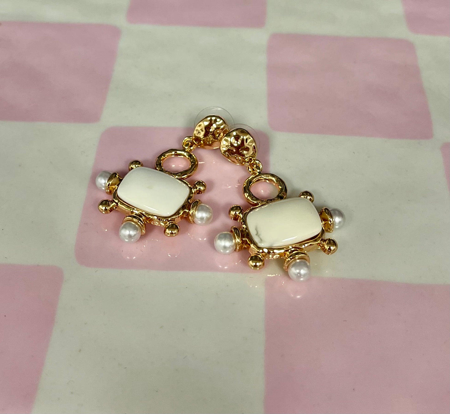 Rectangle White & Pearl Gold Studs