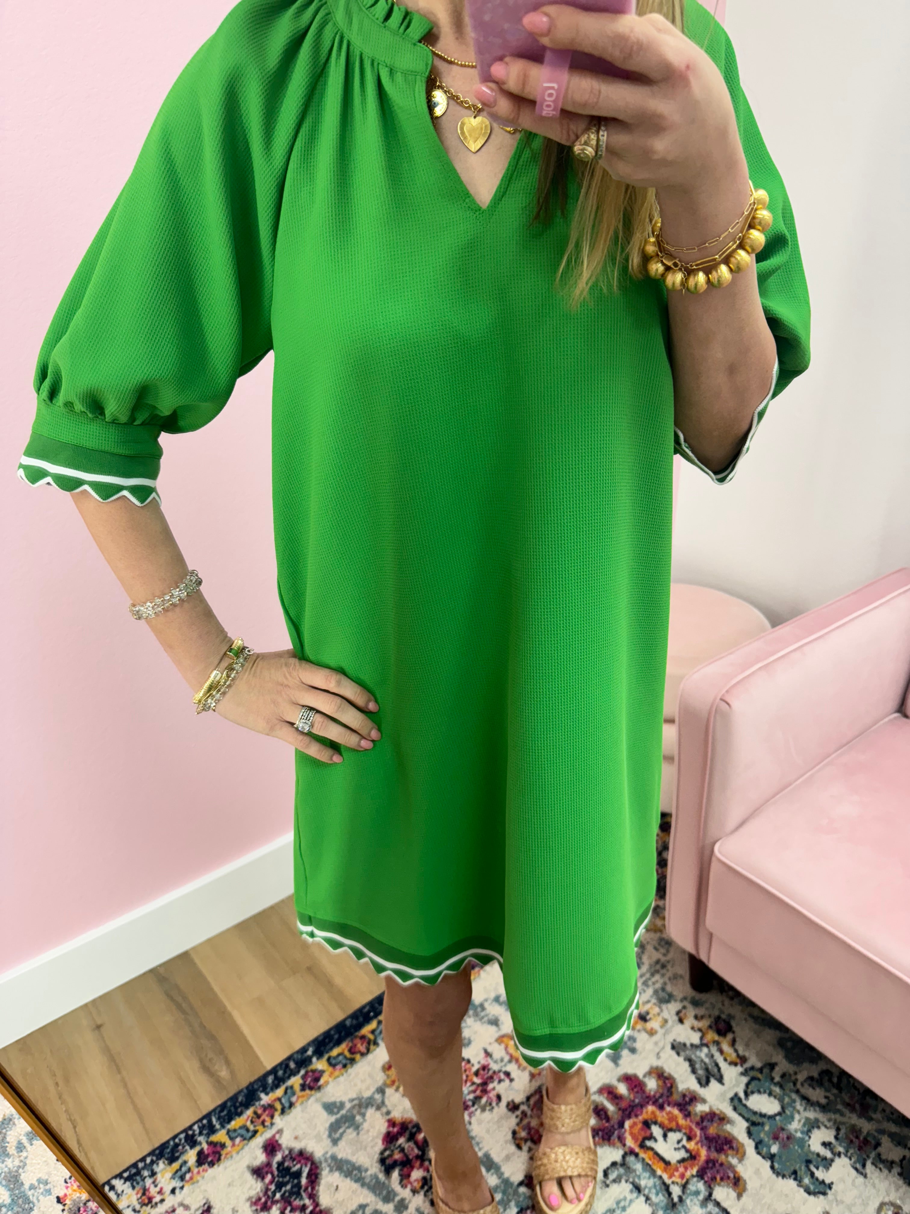 Kelly Green Scallop Banded Bottom Dress