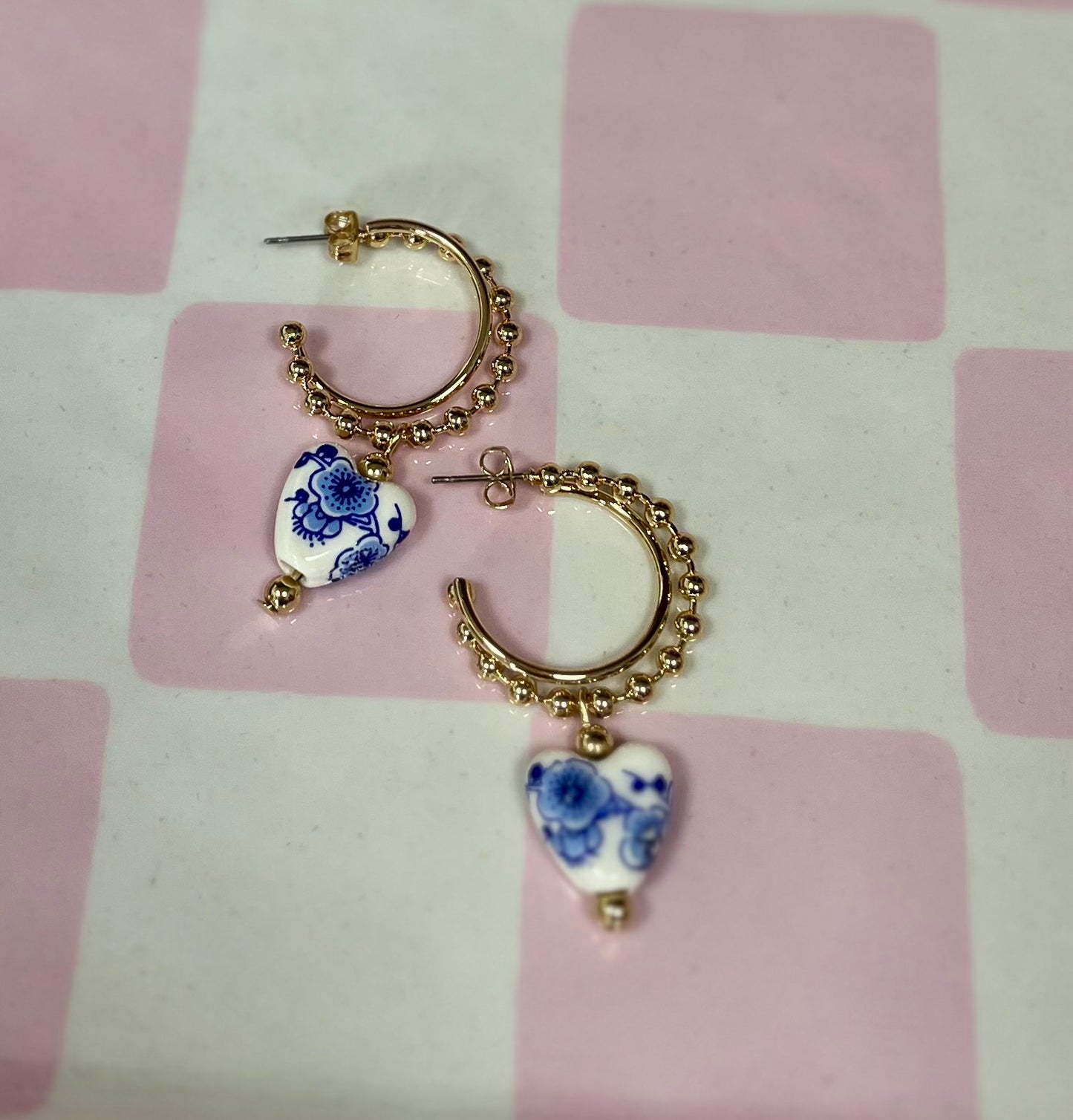 Gold Bead Hoops with Blue & White Heart