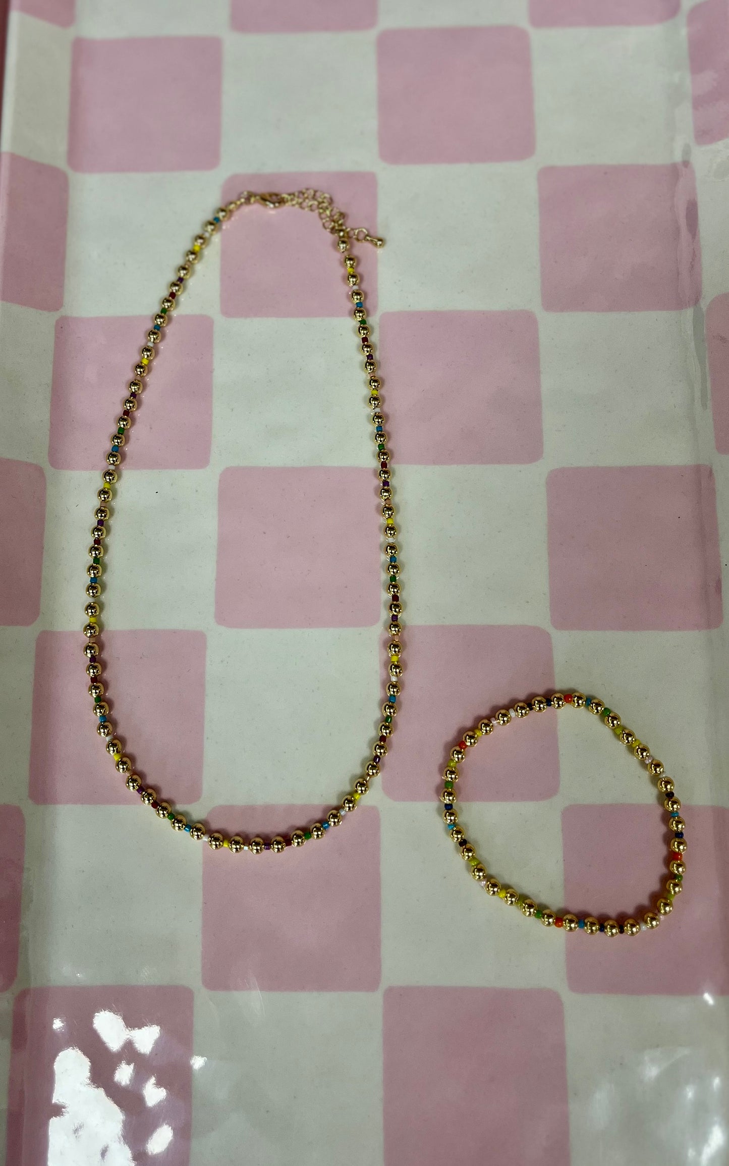 Muliti Colored & Gold Mini Bead Necklace and Bracelet Set
