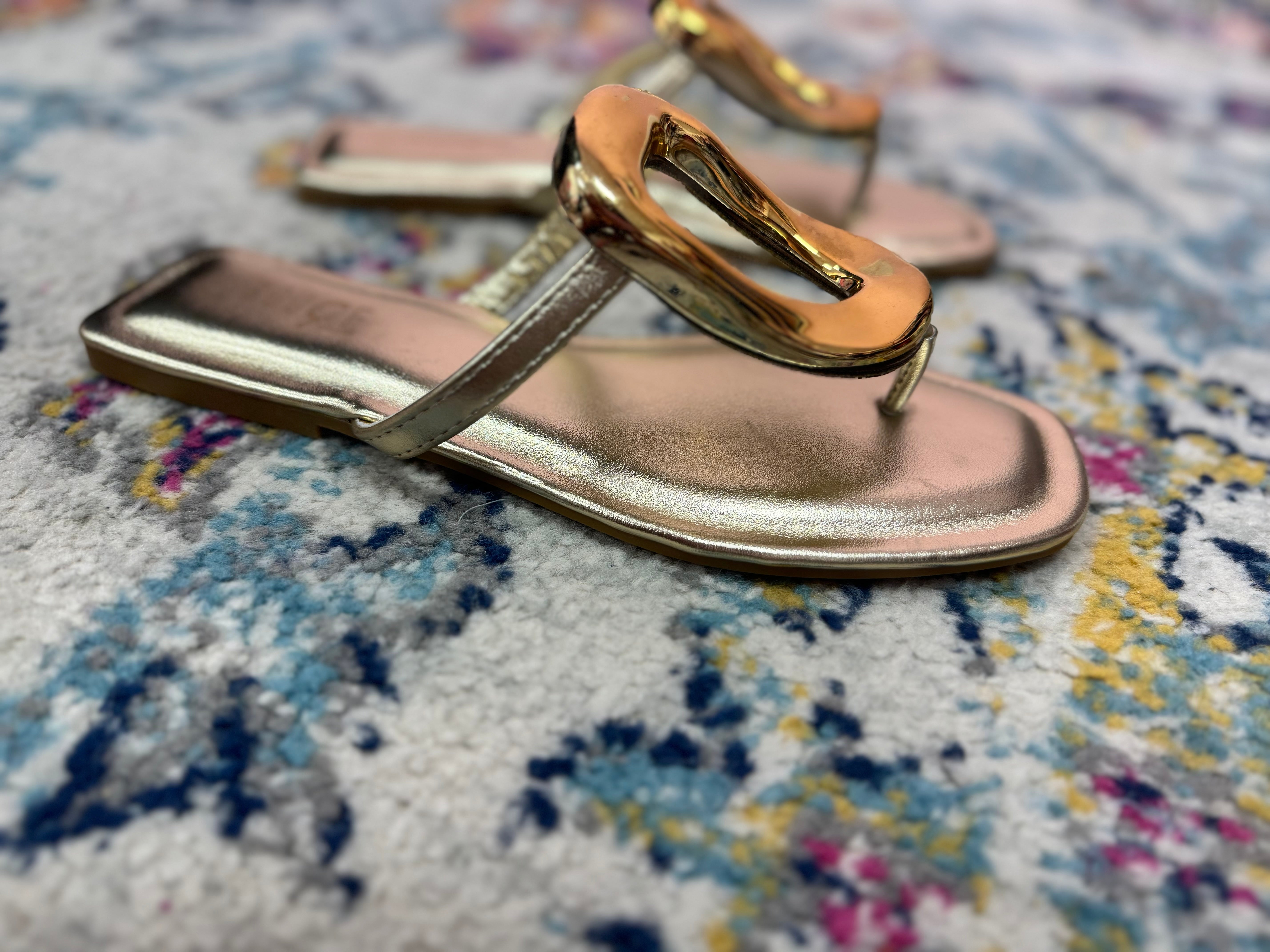 Gold Metal Pendant Flat Sandals