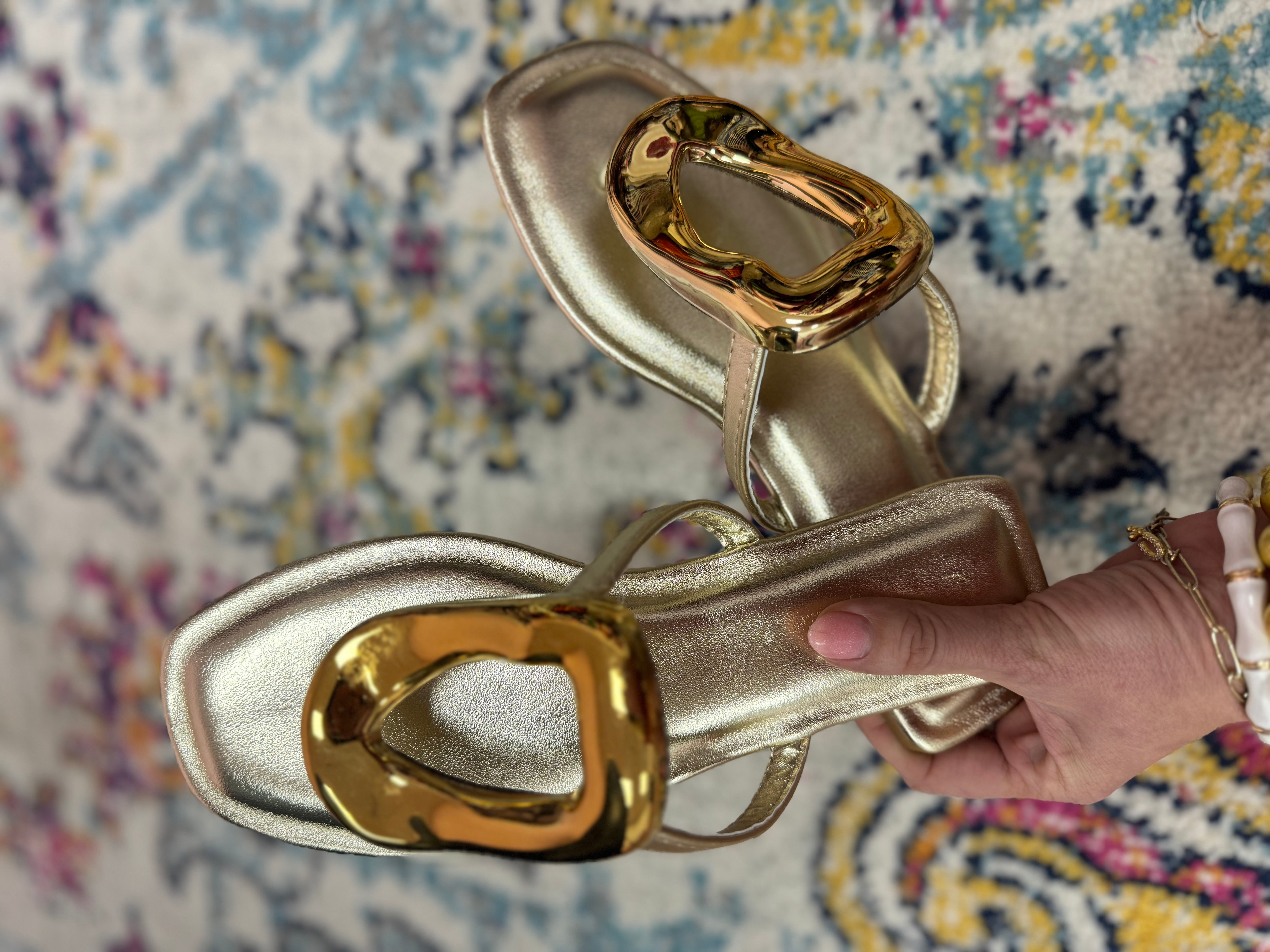 Gold Metal Pendant Flat Sandals
