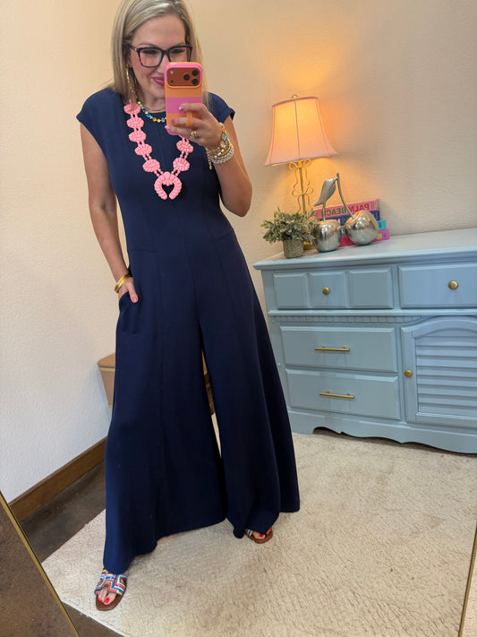 Navy Soft Knit Out Stitches Detail Wide Leg Jumpsuit