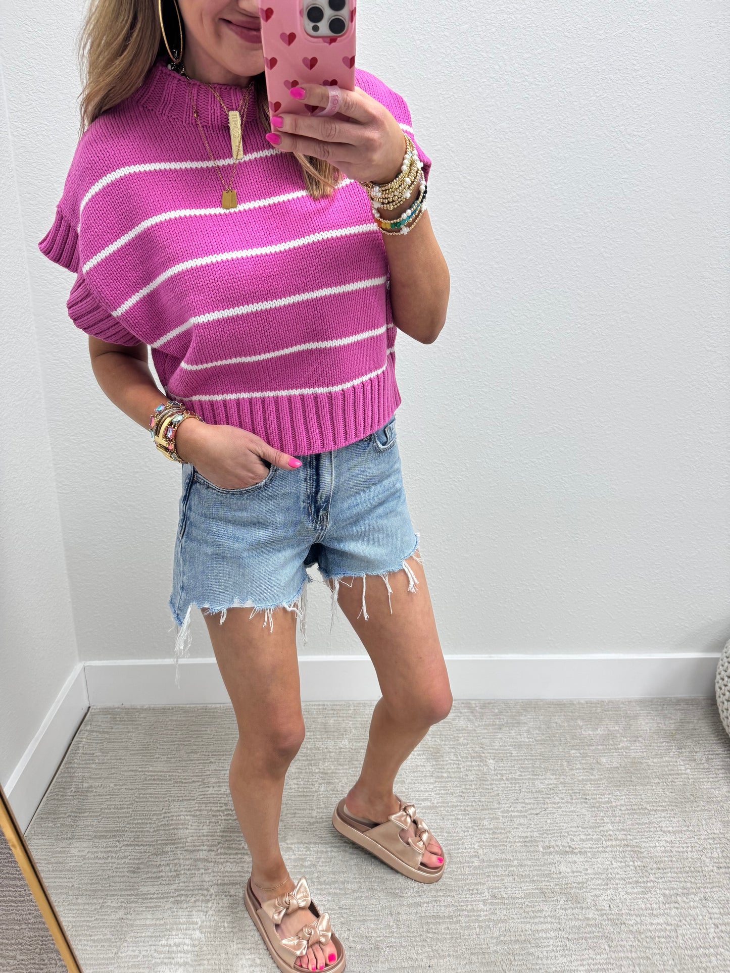 Mauve and White Striped Mock Neck Sweater Top