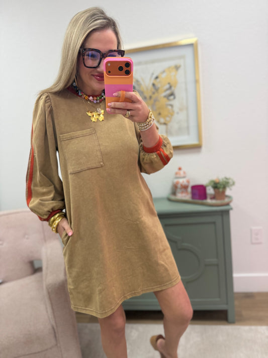 Mocha With Orange Arm Ribbon Detail Round Neck Dress
