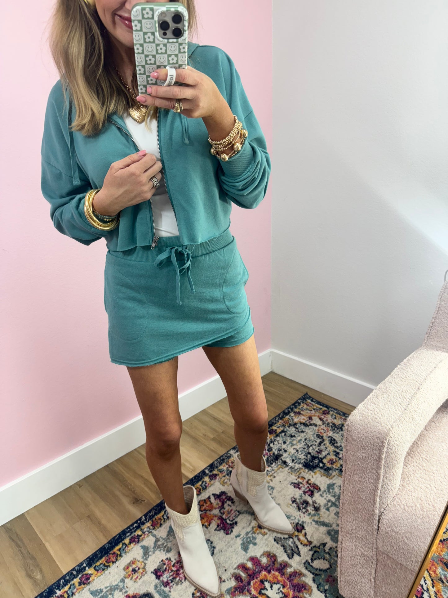 Teal French Terry Zip Up Crop Two Piece Set FS