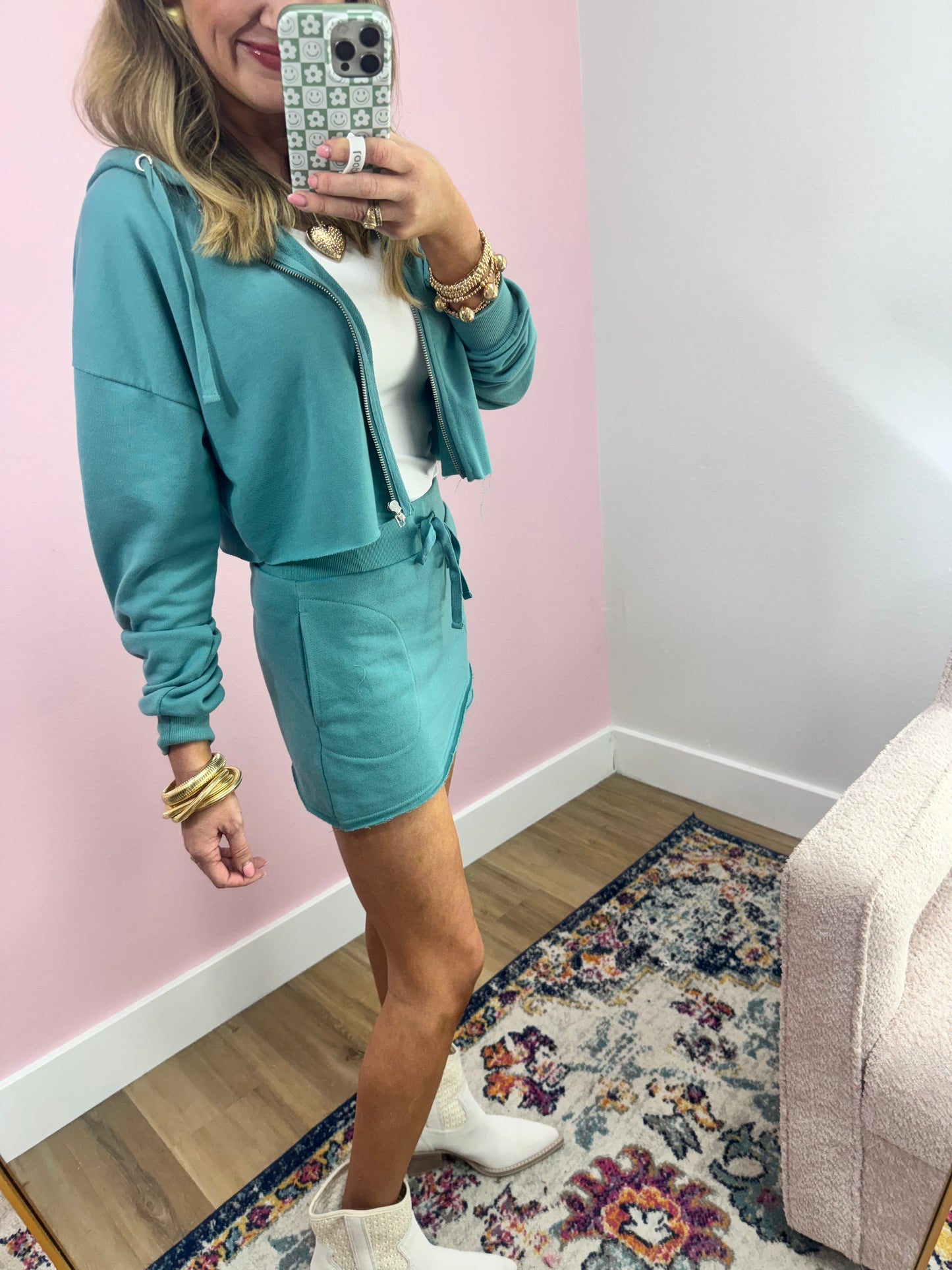 Teal French Terry Zip Up Crop Two Piece Set FS