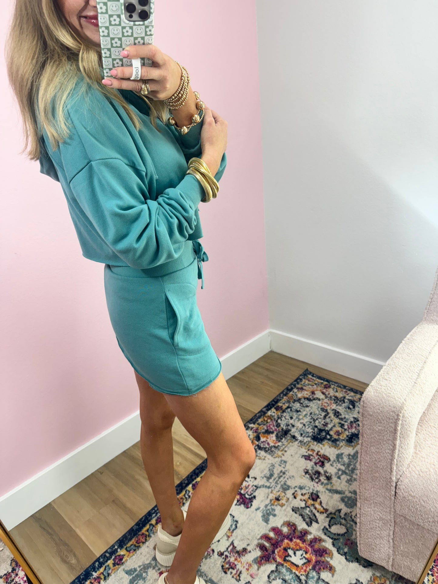 Teal French Terry Zip Up Crop Two Piece Set FS