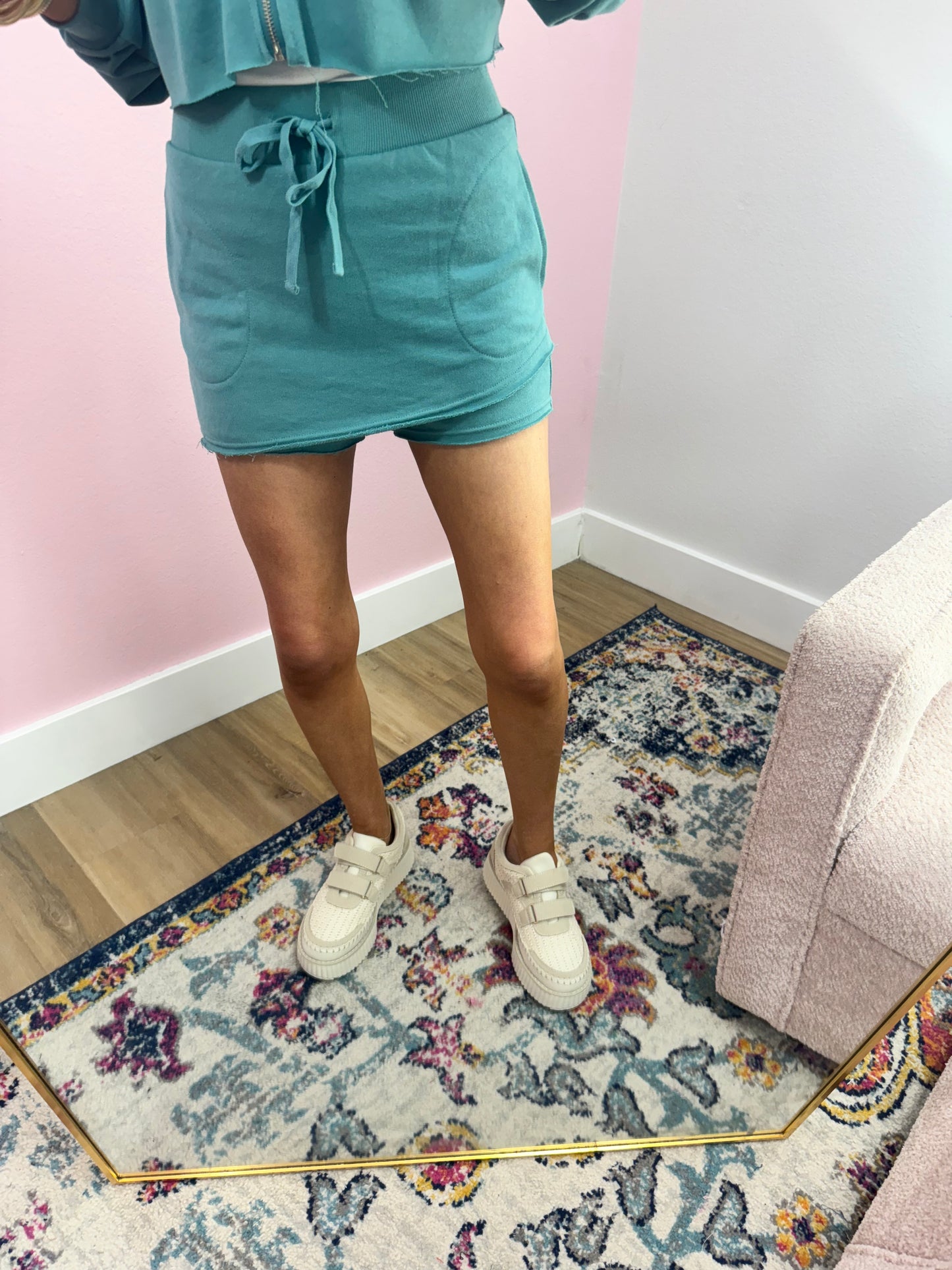 Teal French Terry Zip Up Crop Two Piece Set FS