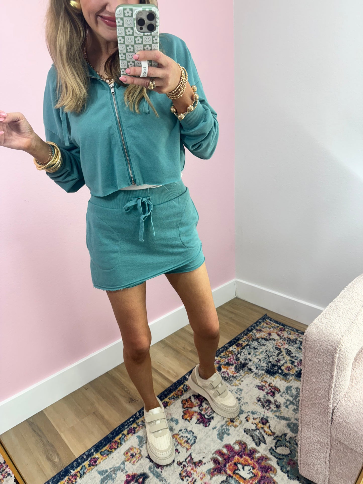 Teal French Terry Zip Up Crop Two Piece Set FS