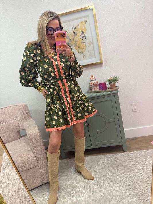 Floral Olive With Pink Detail Scallop Dress