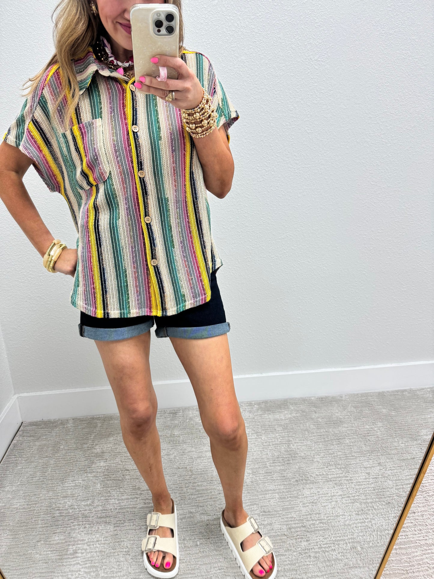 Natural Mix Striped Half Sleeve Button Top