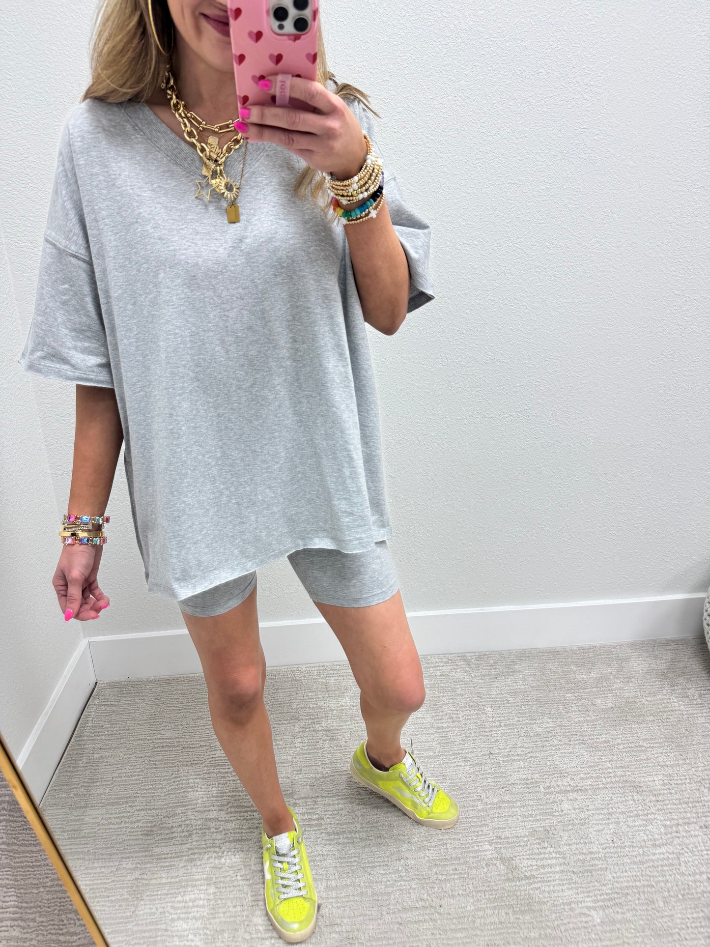 Gray Cotton Vneck Biker Short Two Piece Set