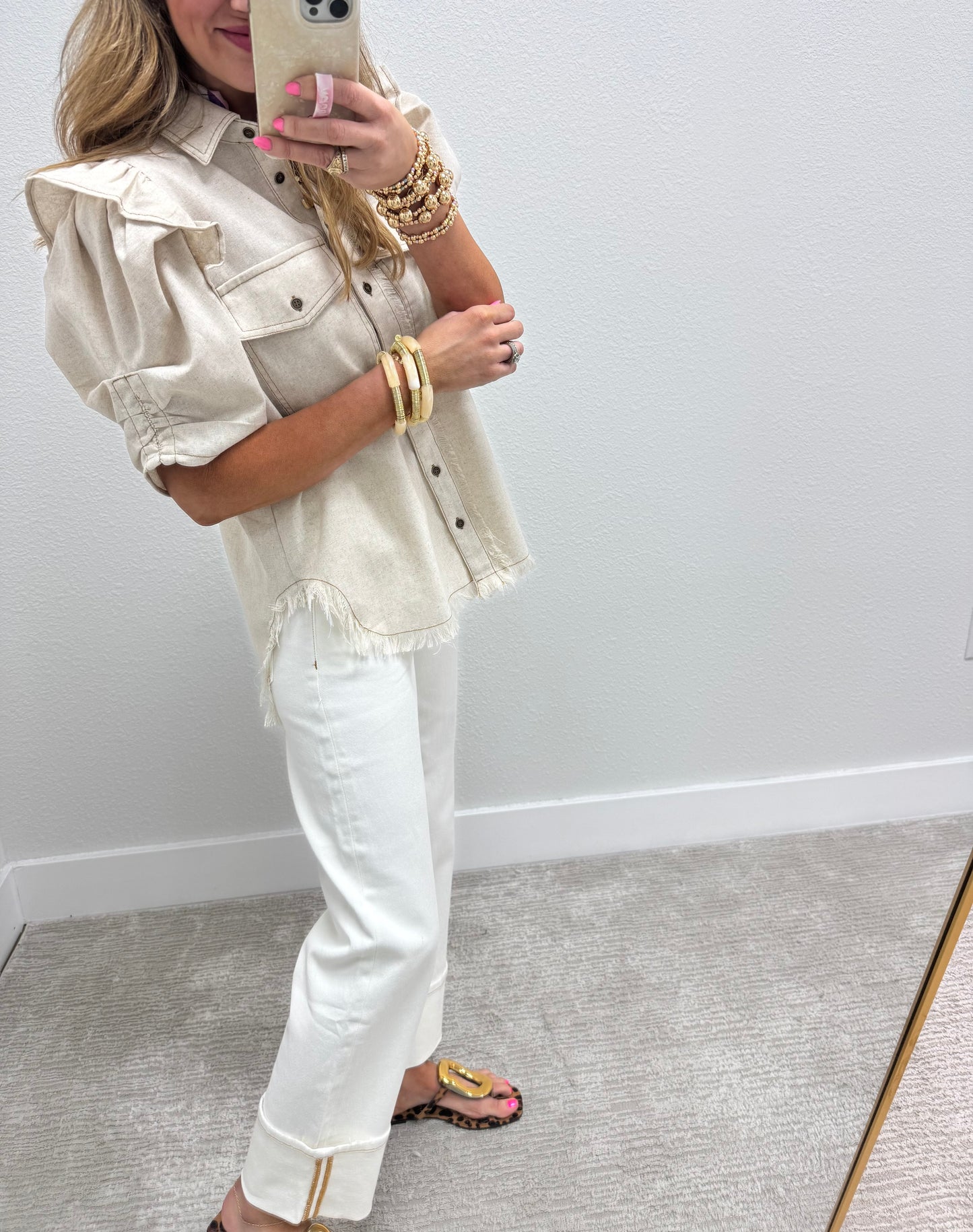 Cream Straight Leg Cuffed Denim