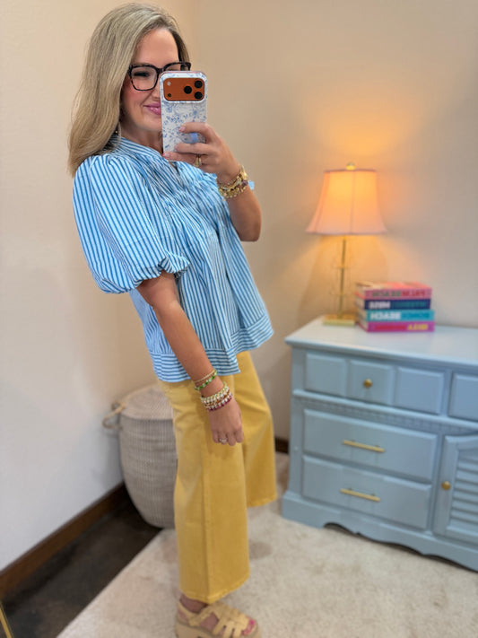 Blue Puff Sleeve Pintuck Detail with Neck Tie Woven Stripe Top