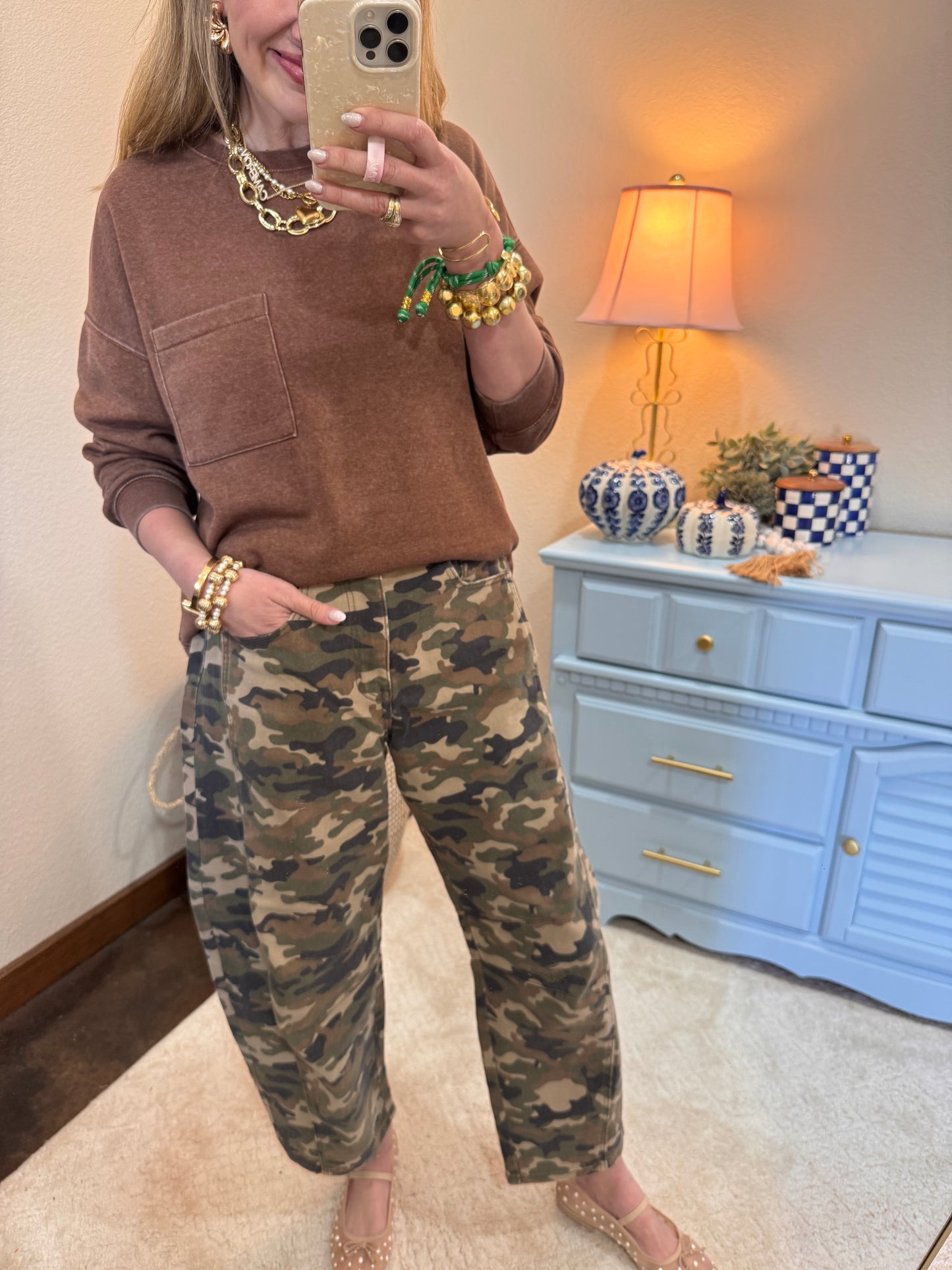 Cello Camo Washed Mid Waisted Barrel Jeans