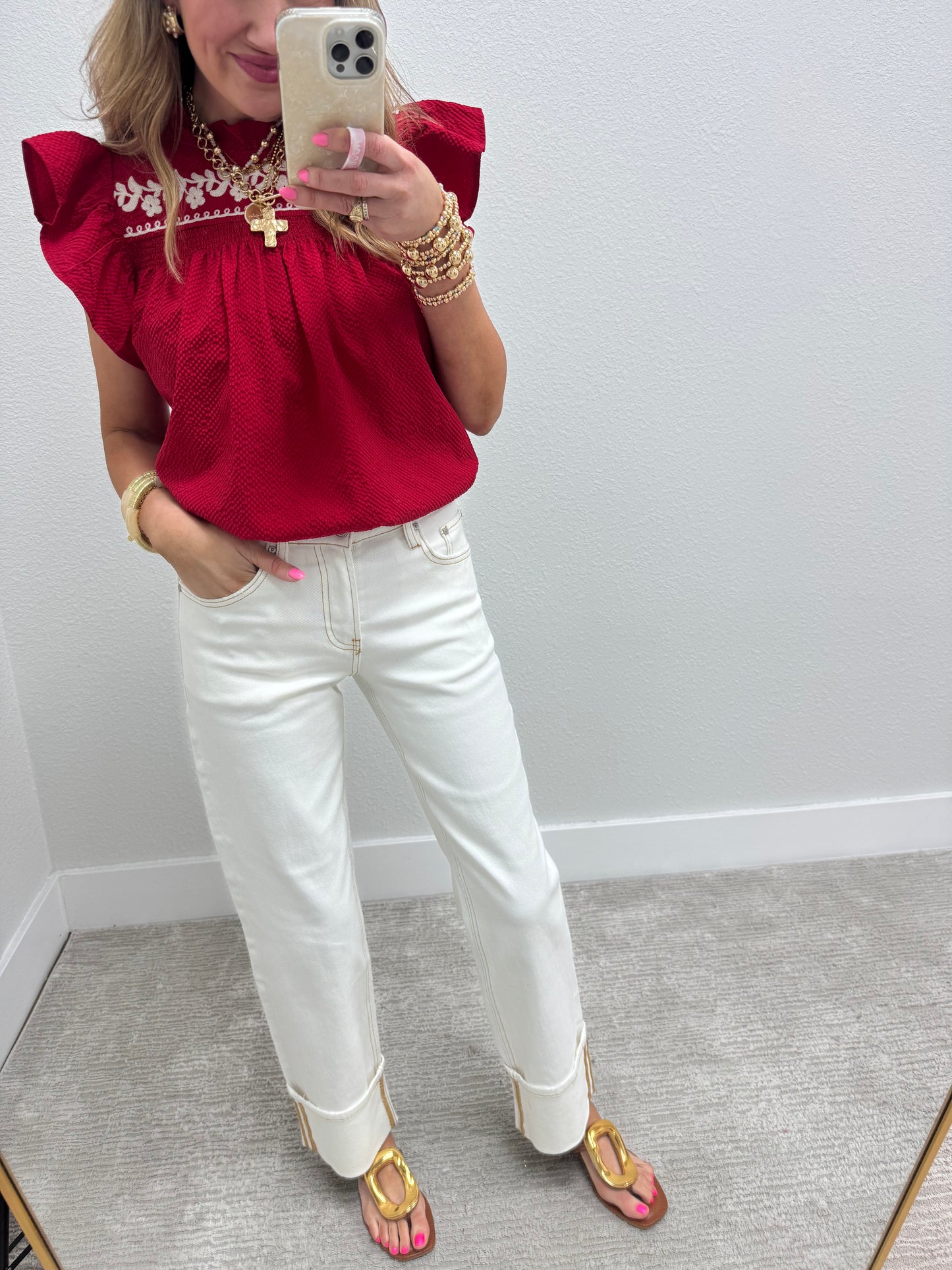 Red Embroidered Flutter Sleeve Textured Top