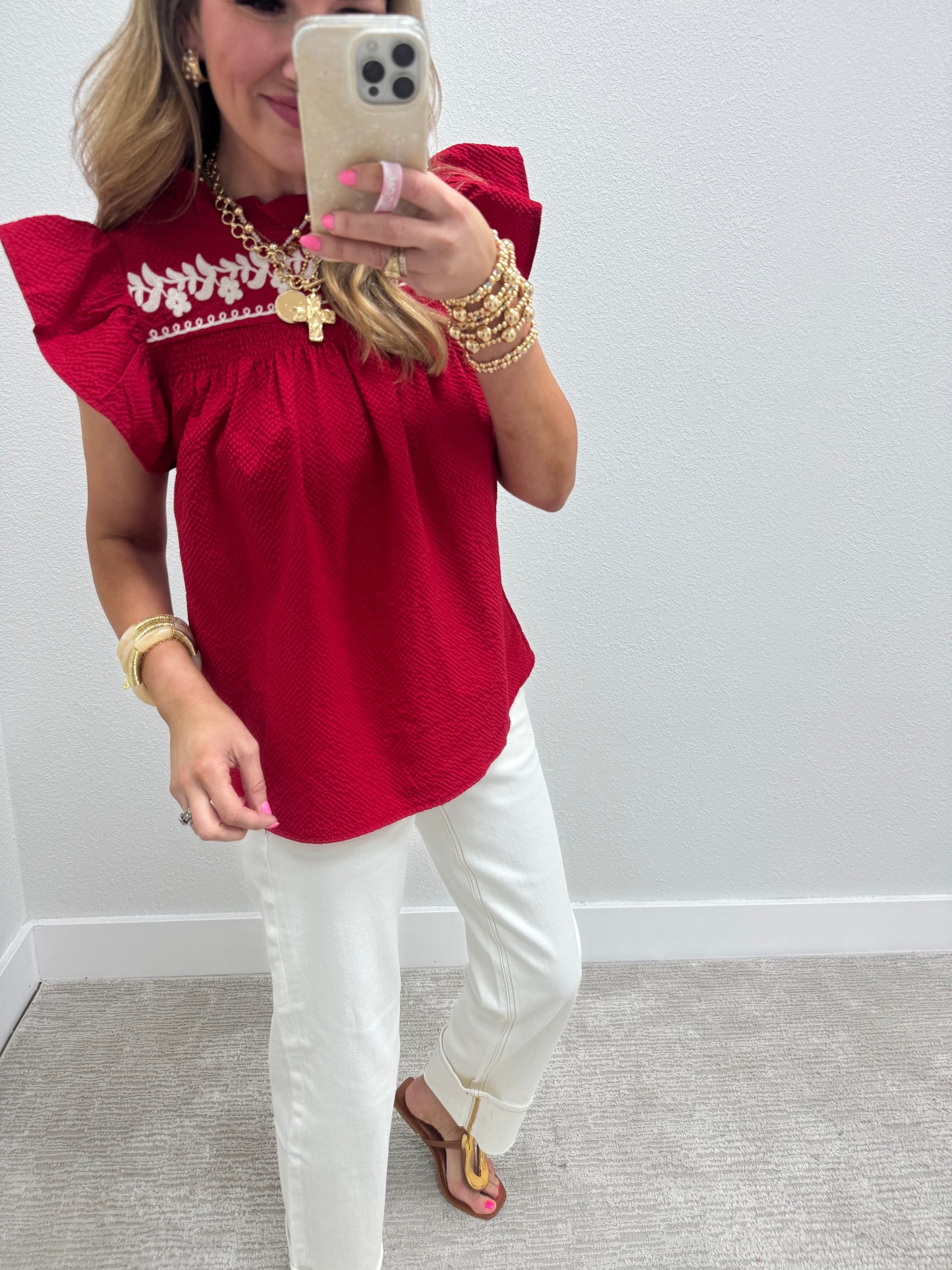 Red Embroidered Flutter Sleeve Textured Top