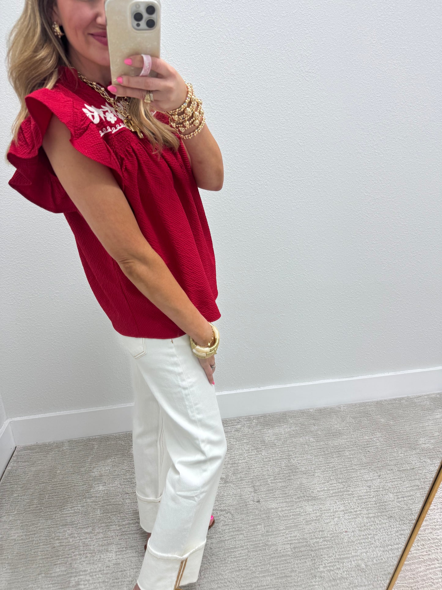 Red Embroidered Flutter Sleeve Textured Top