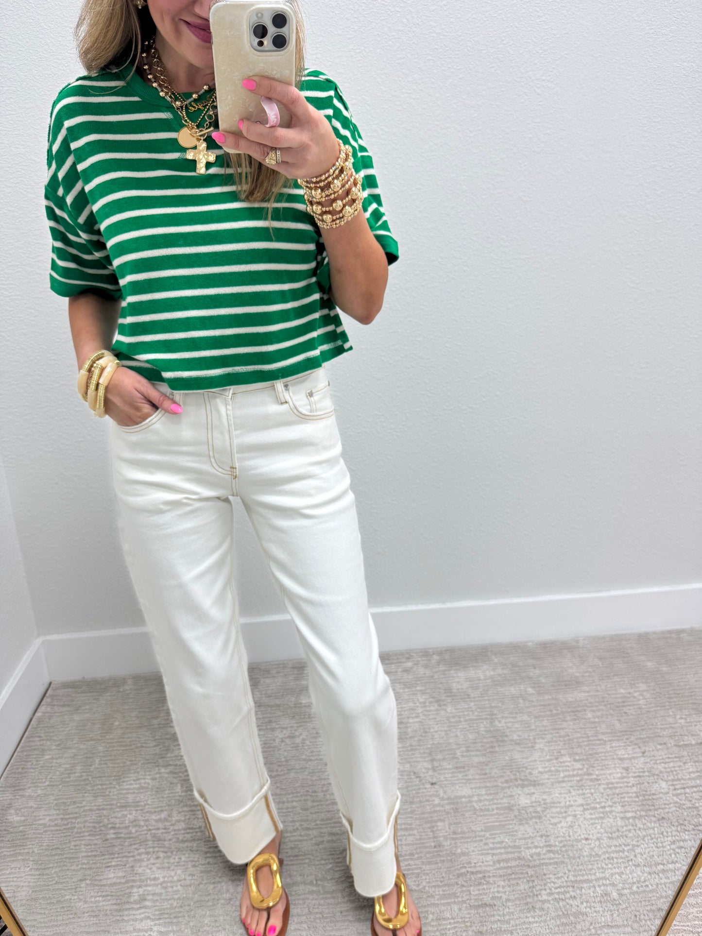 Kelly Green and Cream Striped French Terry Top