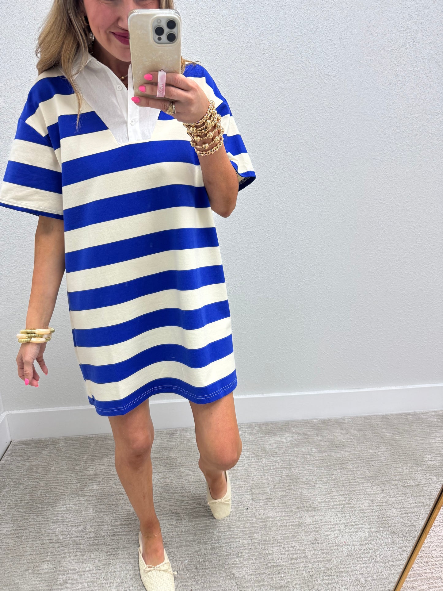 Royal and Cream Thick Stripe Collared Dress