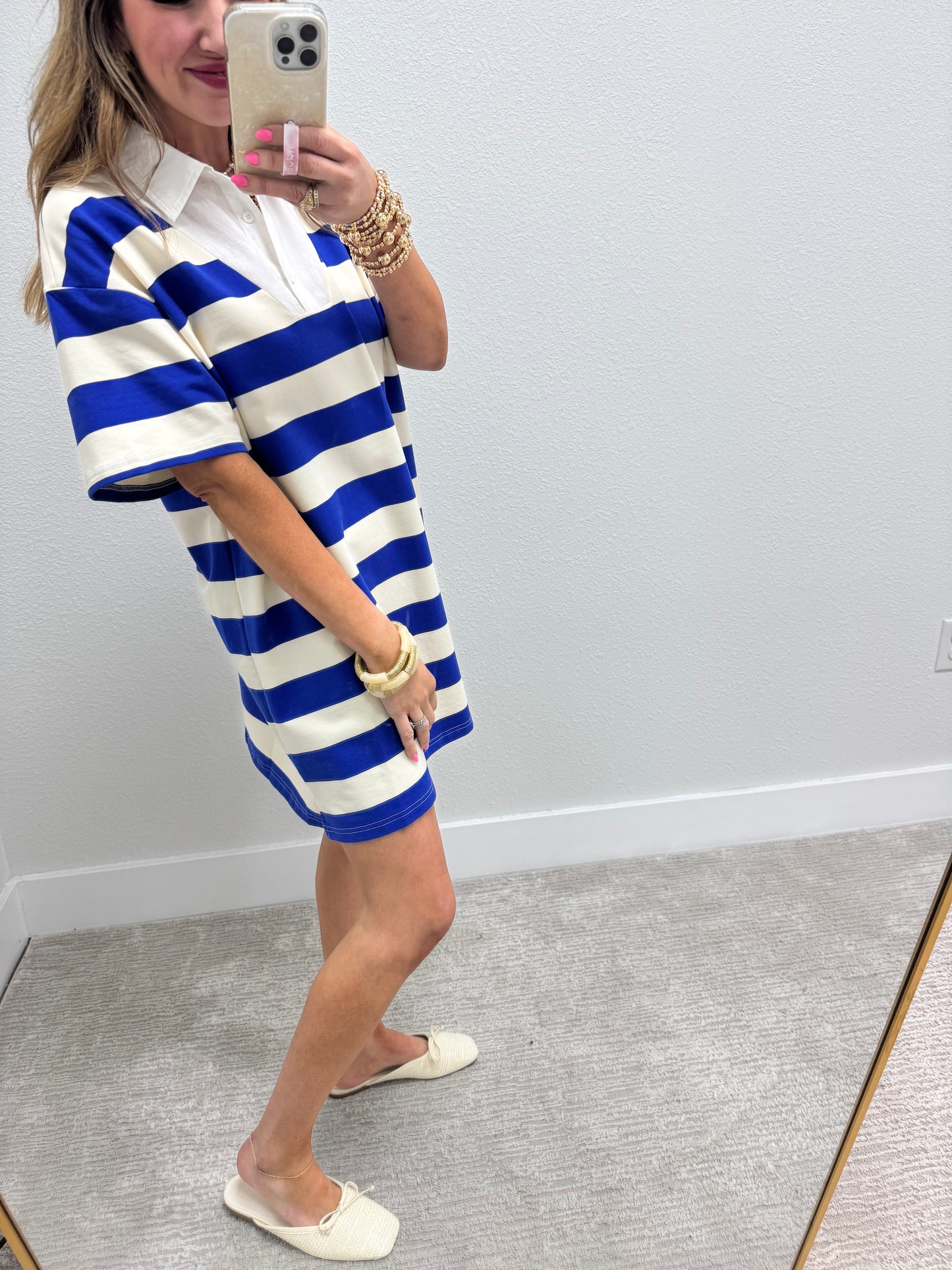 Royal and Cream Thick Stripe Collared Dress