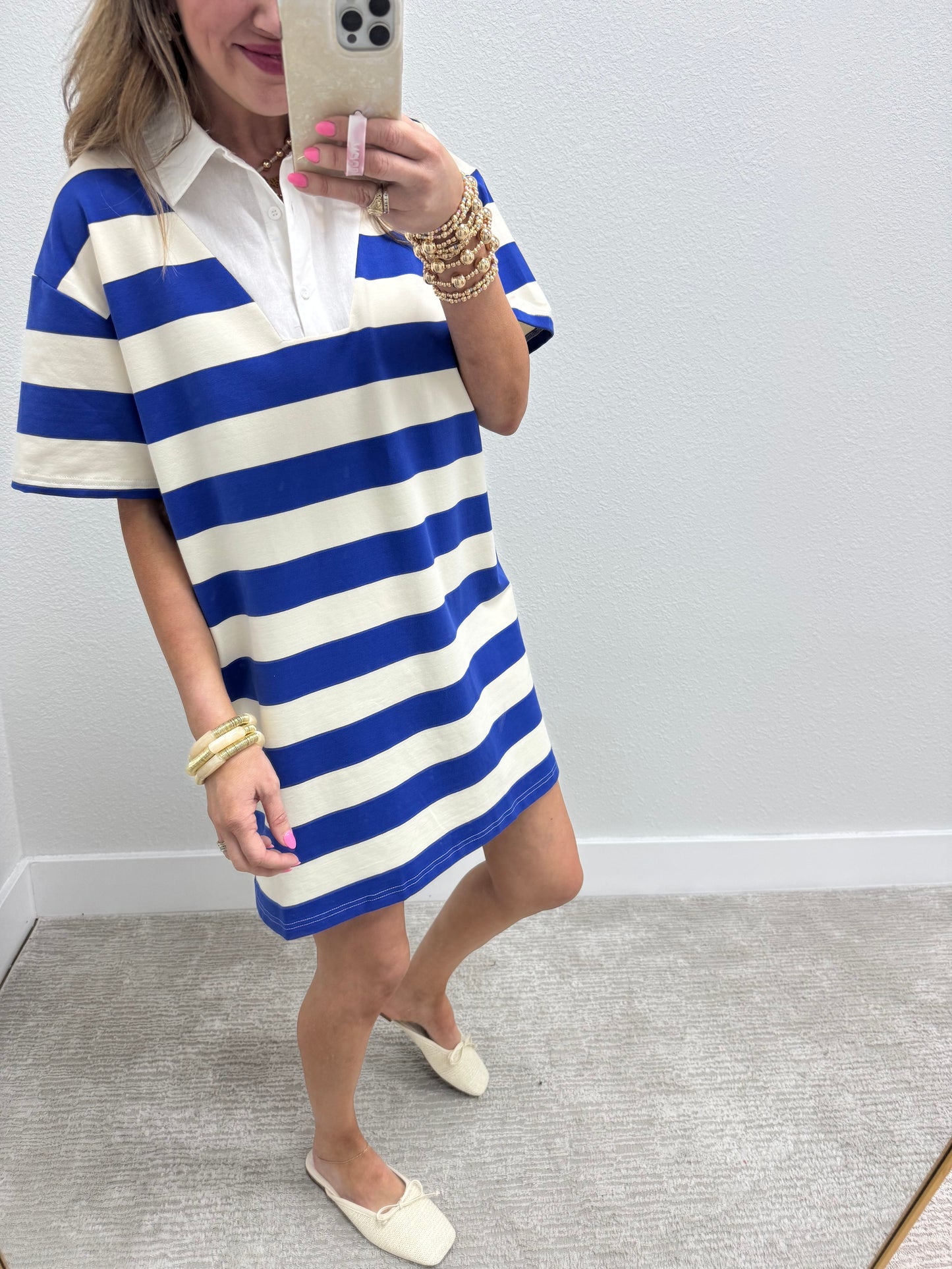Royal and Cream Thick Stripe Collared Dress