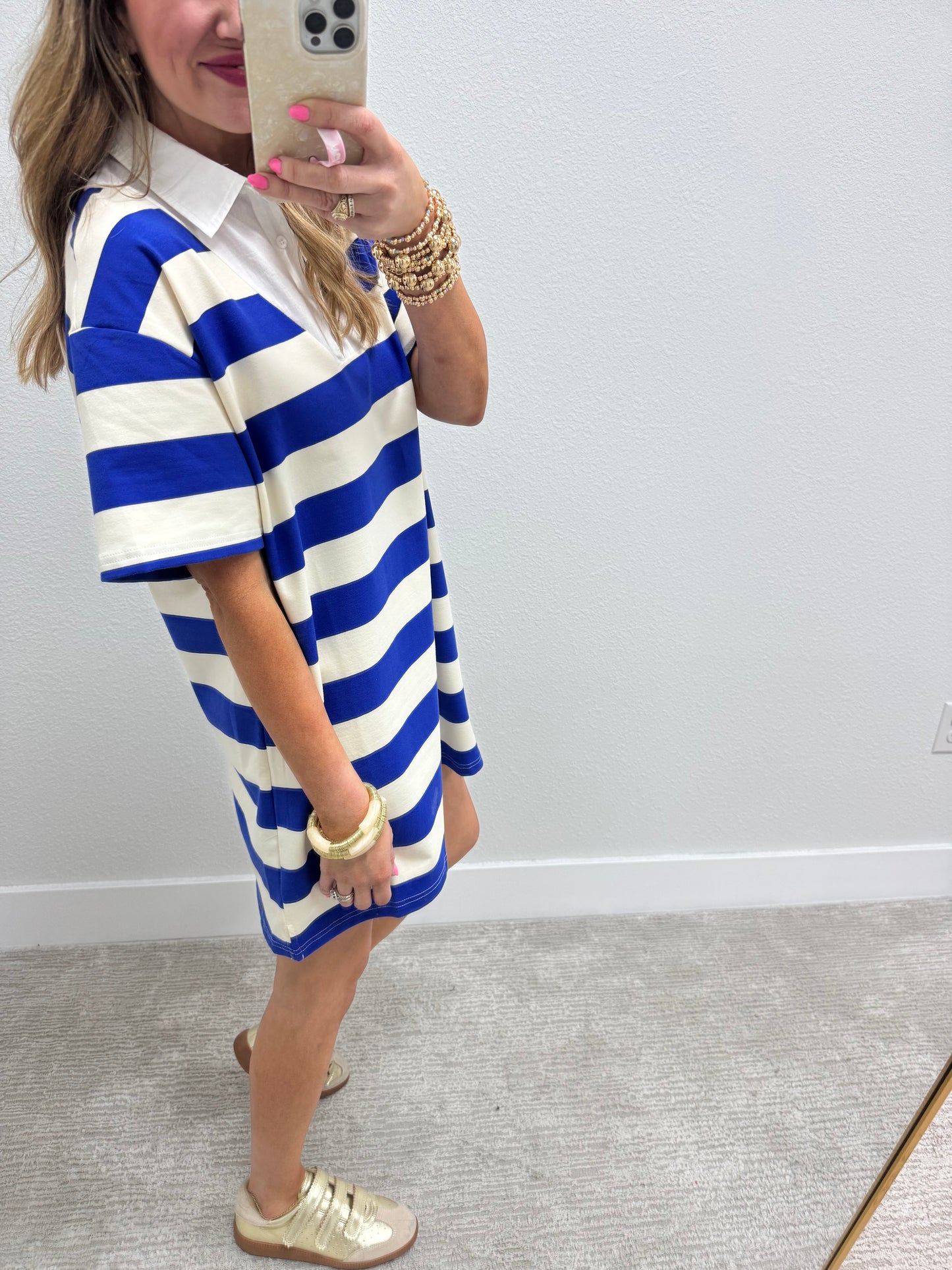 Royal and Cream Thick Stripe Collared Dress