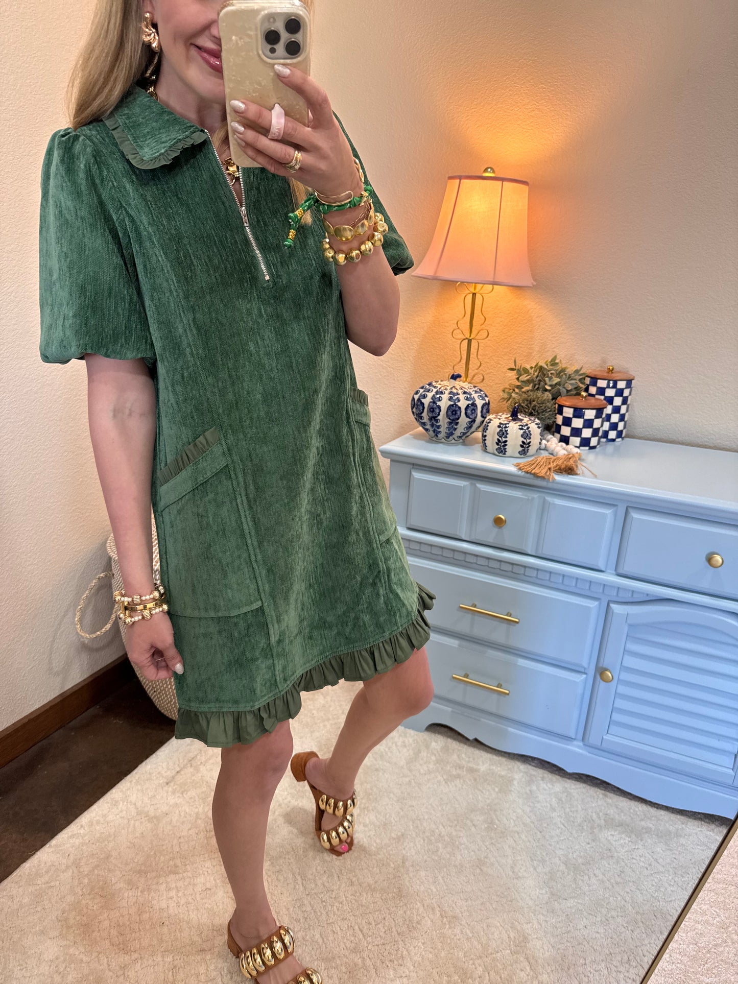 Hunter Green Quarter Zip Ruffle Pocket Dress
