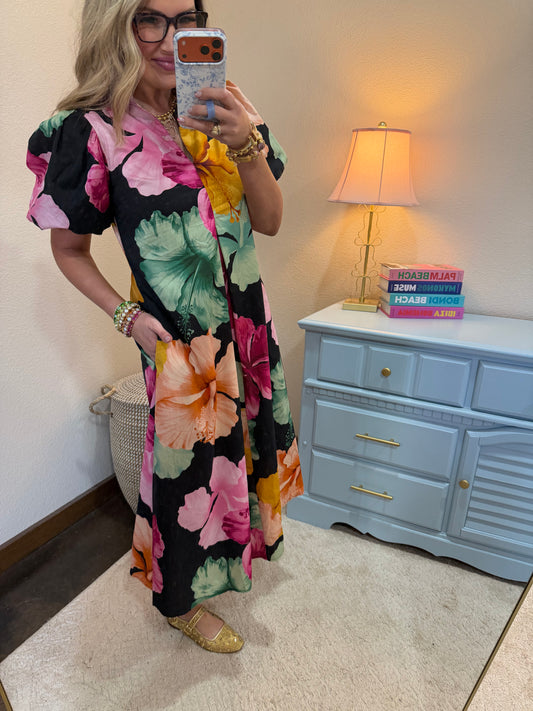 Black Floral Collar V-neck Pleated Midi Dress