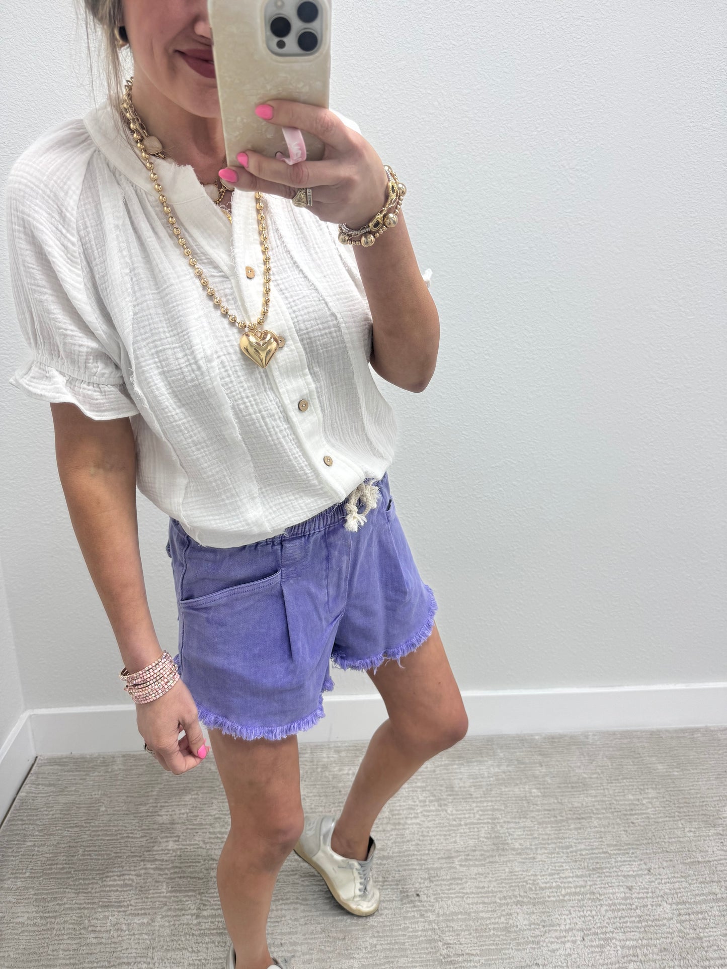 White Gauze Button Pleated Top FS