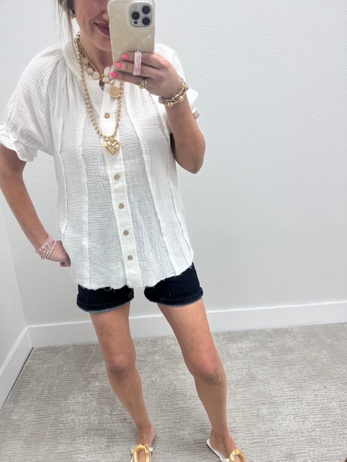 White Gauze Button Pleated Top FS
