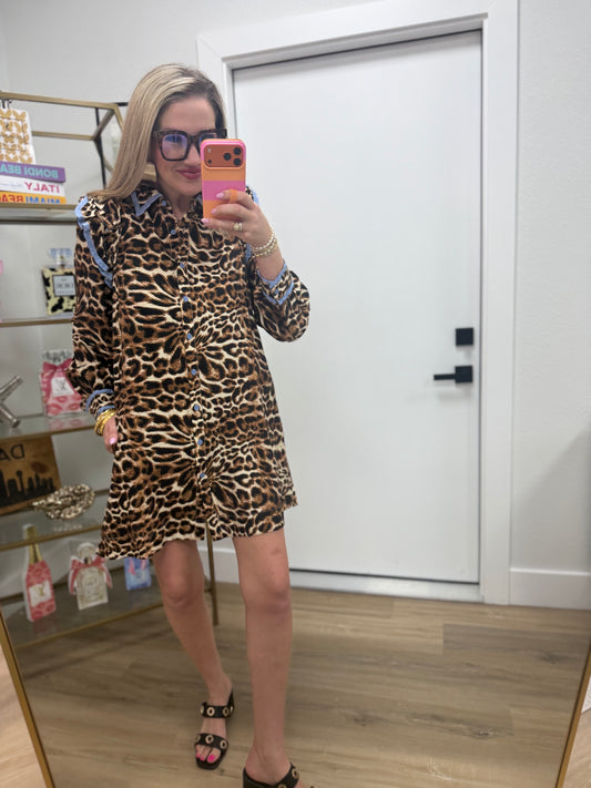 Periwinkle Animal Print Detailed Ruffle Sleeve Dress