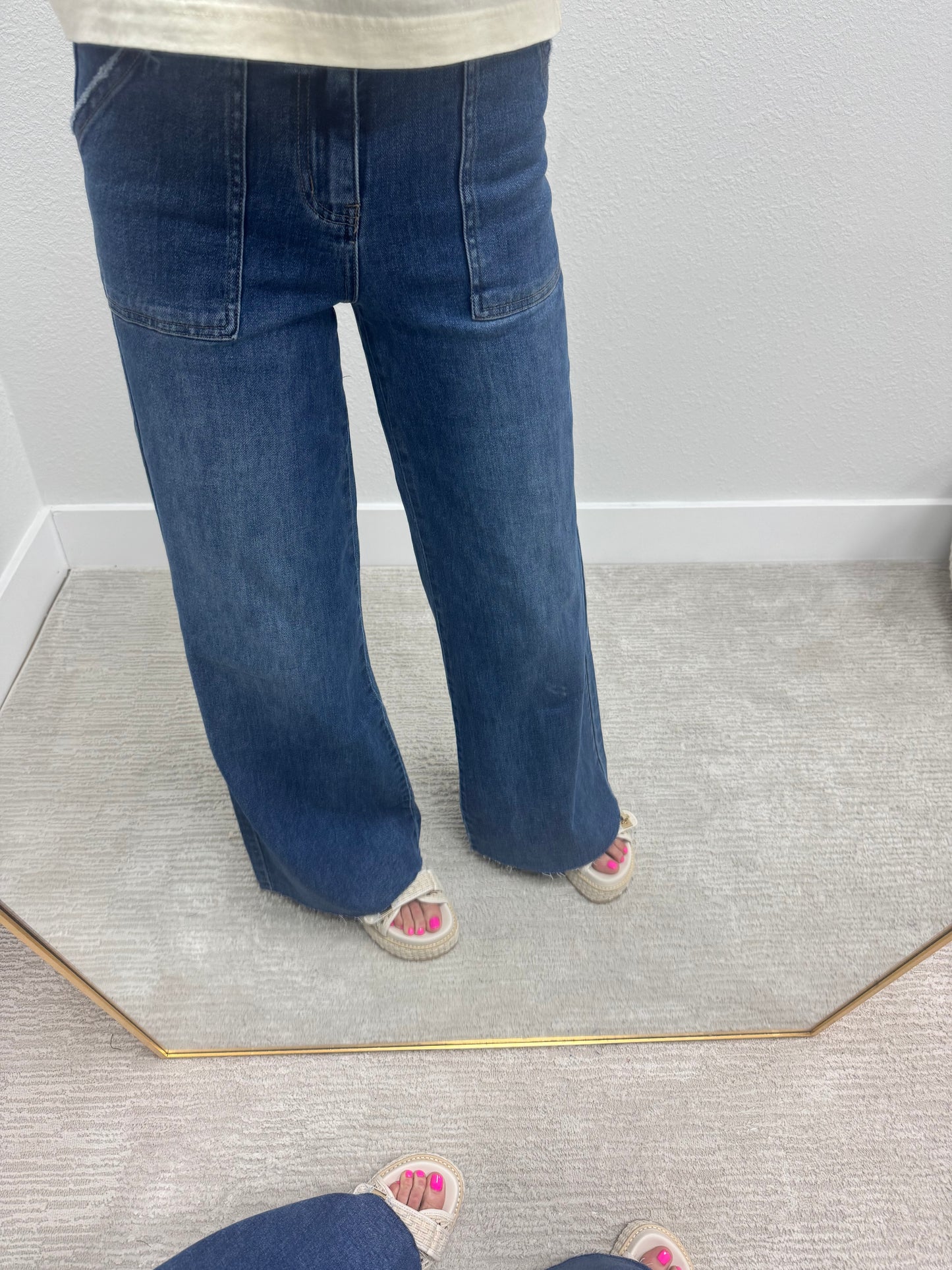 High Rise Trouser Pocket Wide Leg Jeans Dark Wash FS