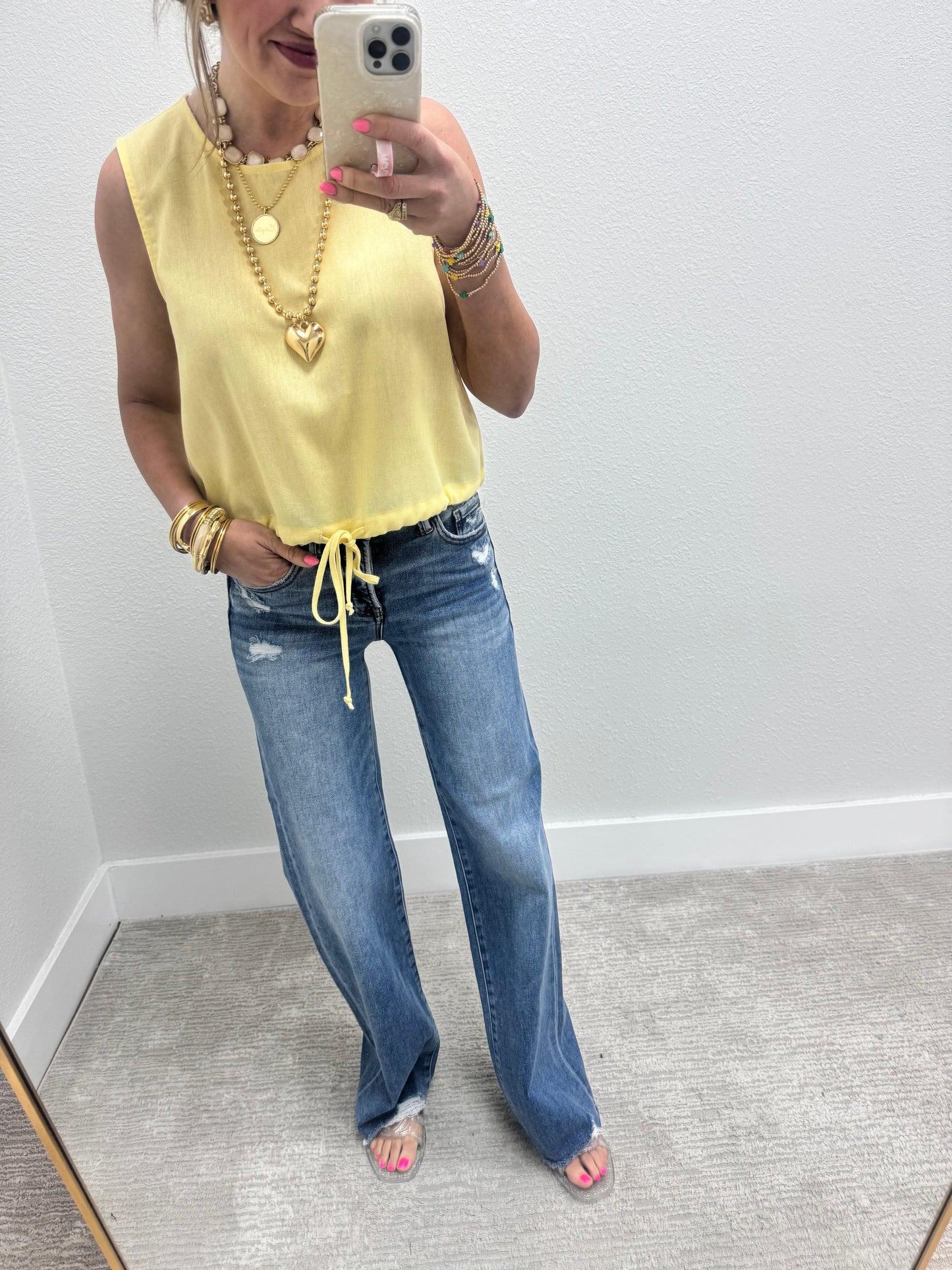Creamy Yellow Tie Front Sleeveless Top