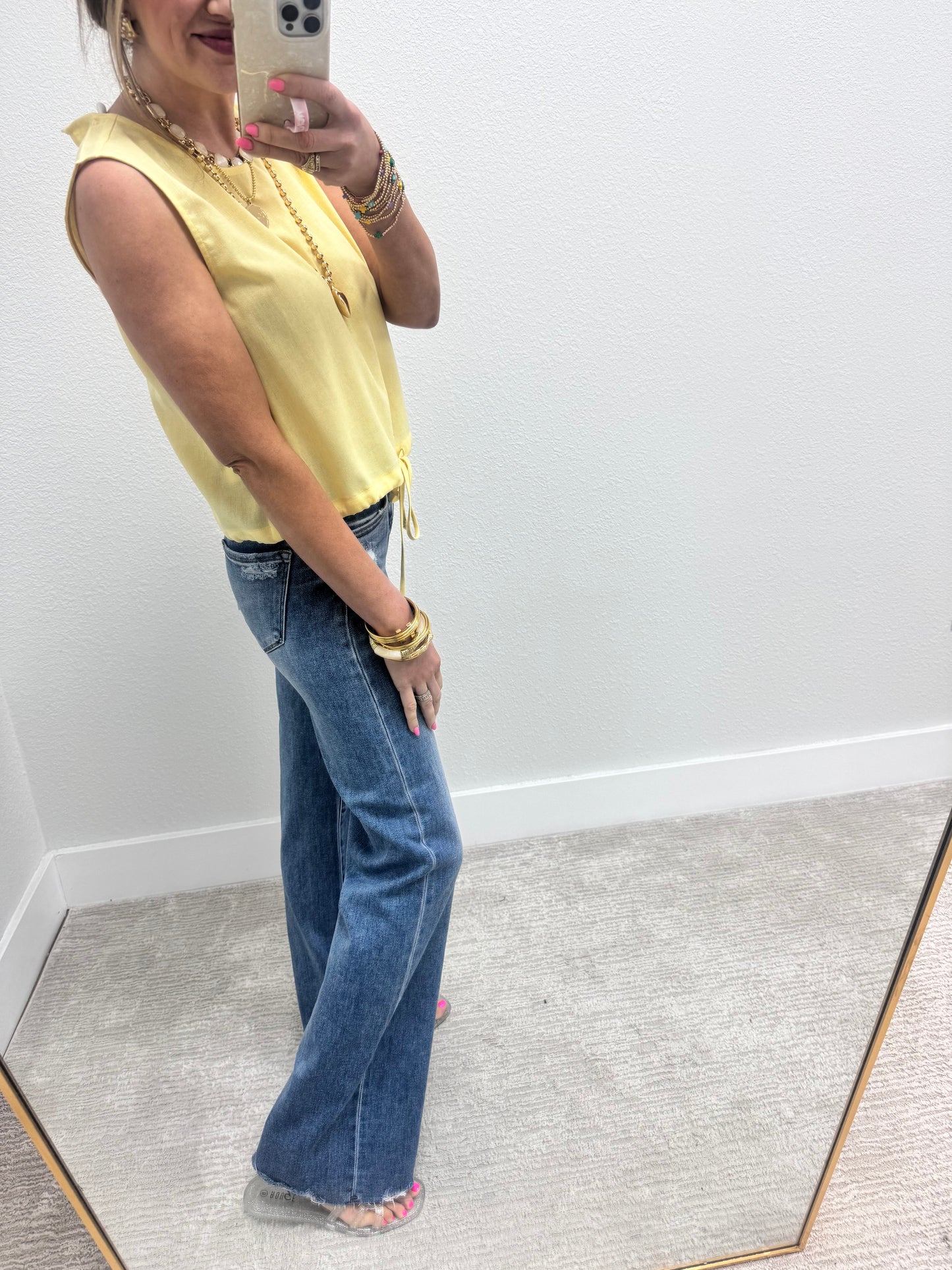 Creamy Yellow Tie Front Sleeveless Top