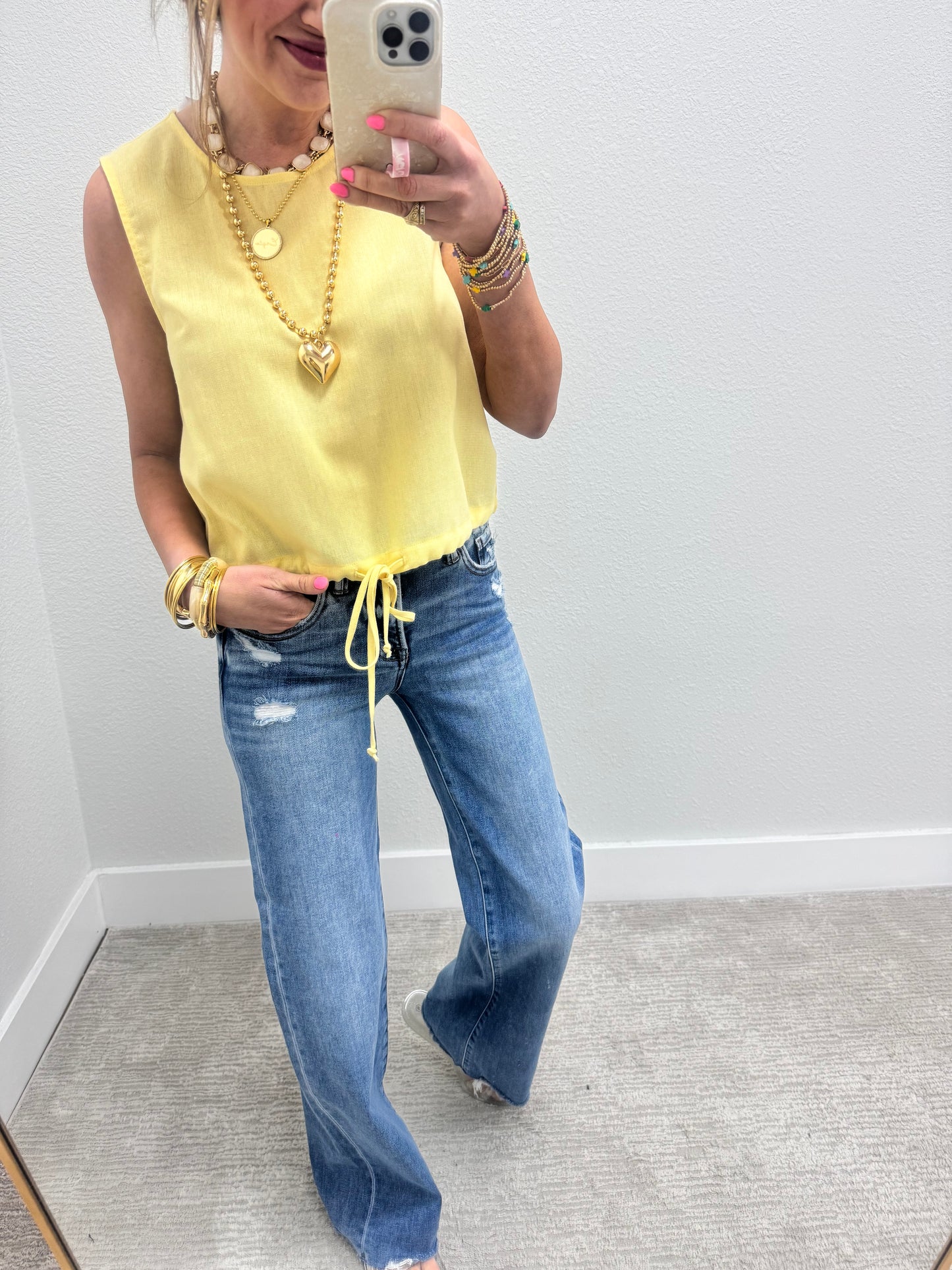 Creamy Yellow Tie Front Sleeveless Top