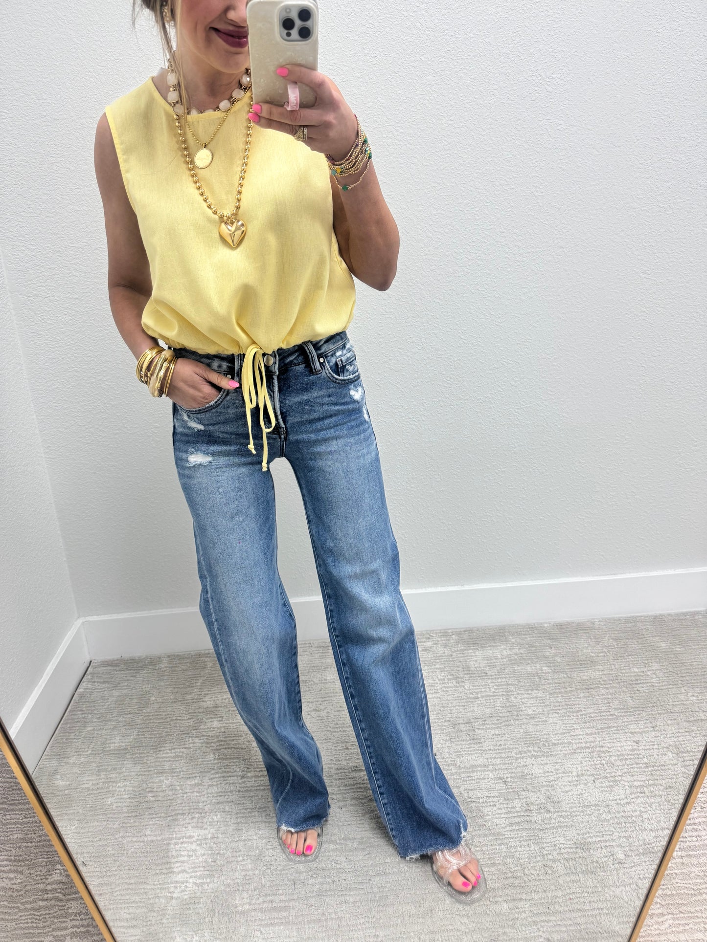 Creamy Yellow Tie Front Sleeveless Top