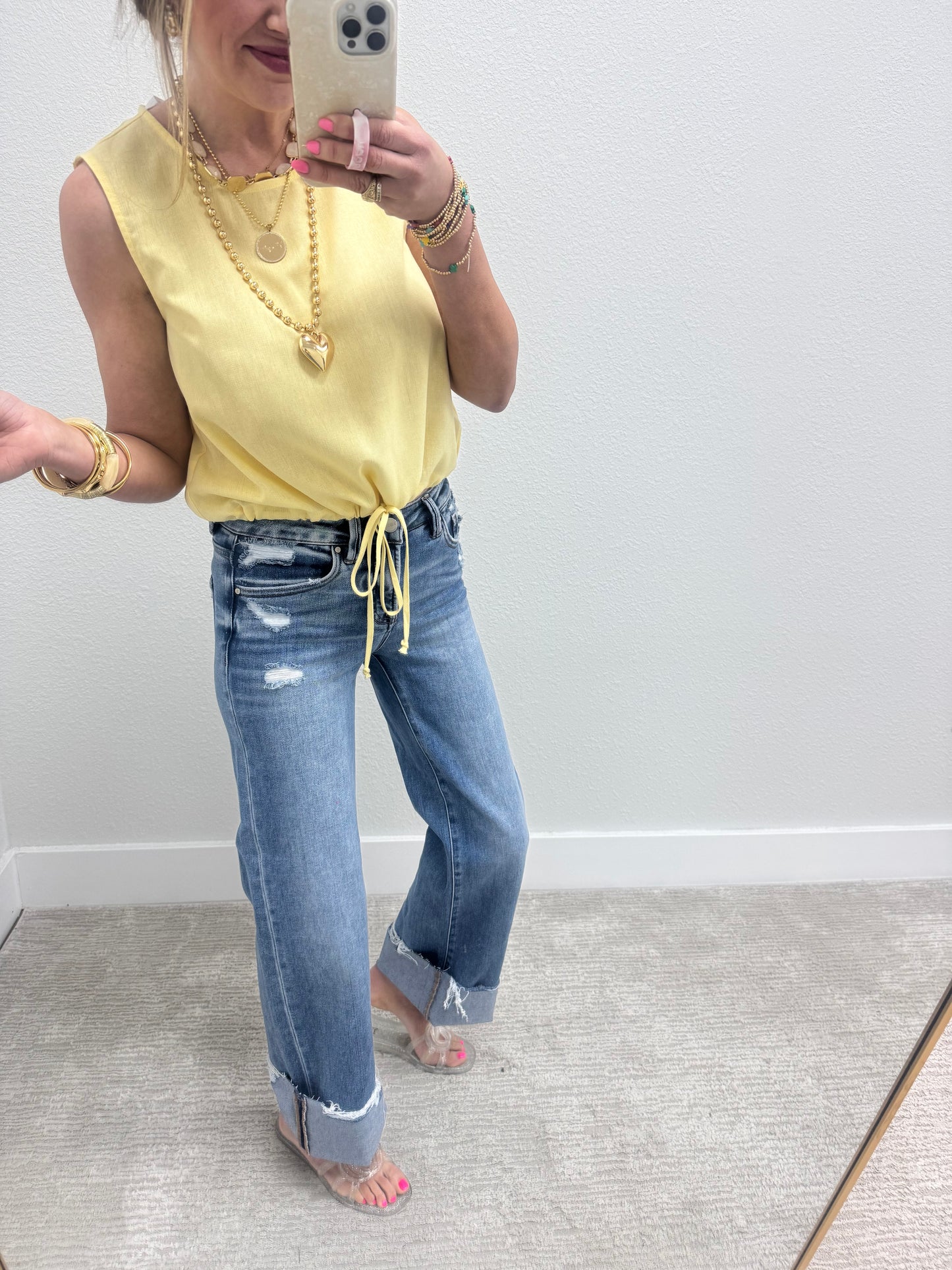 Creamy Yellow Tie Front Sleeveless Top
