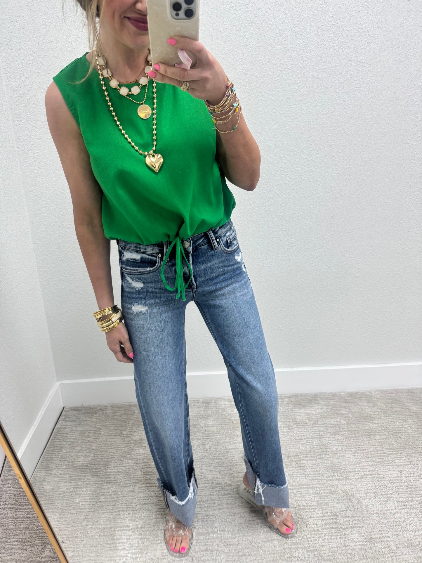 Kelly Green Tie Front Sleeveless Top