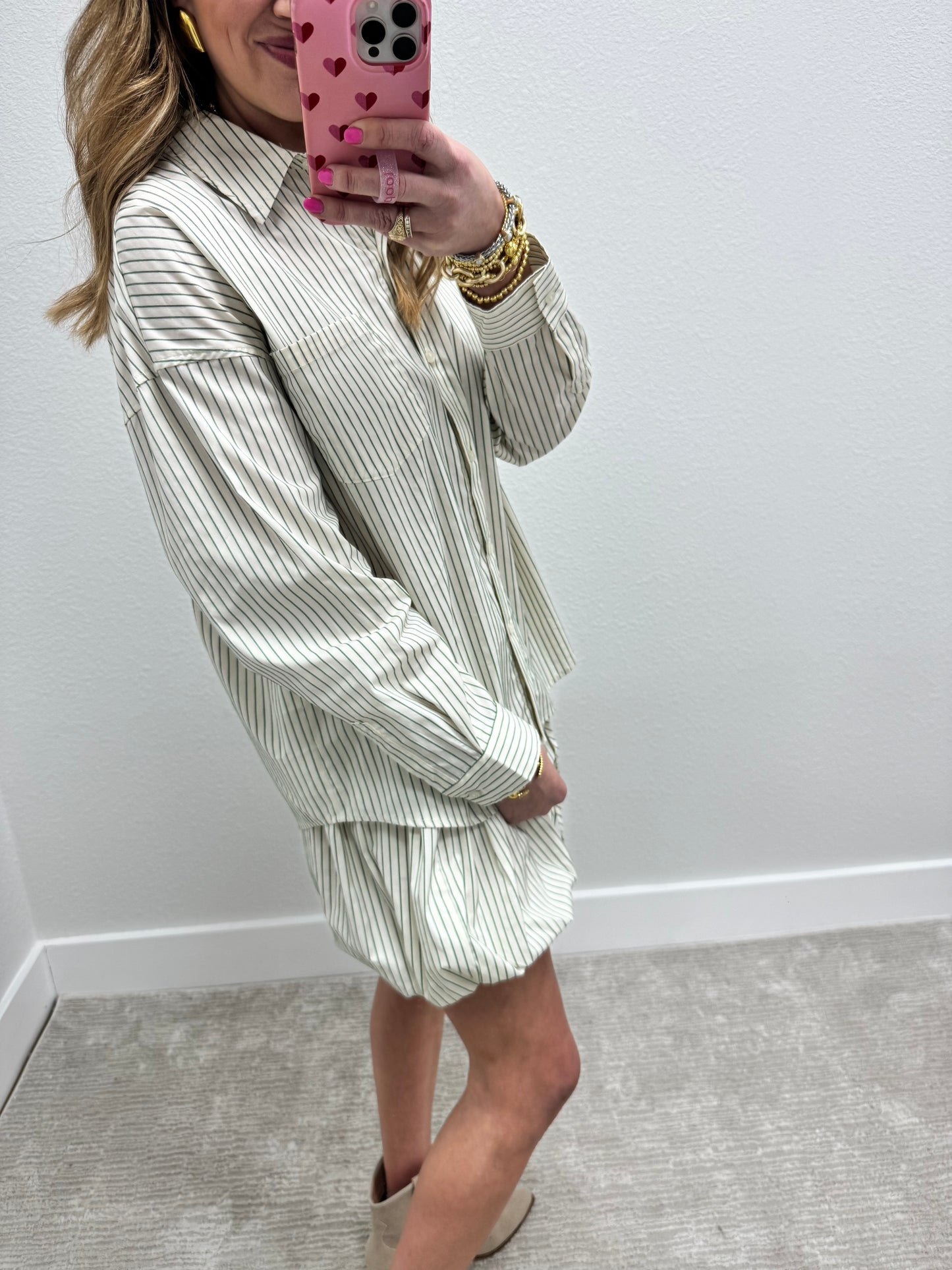 Green and Cream Striped Bubble Skirt Two Piece Set