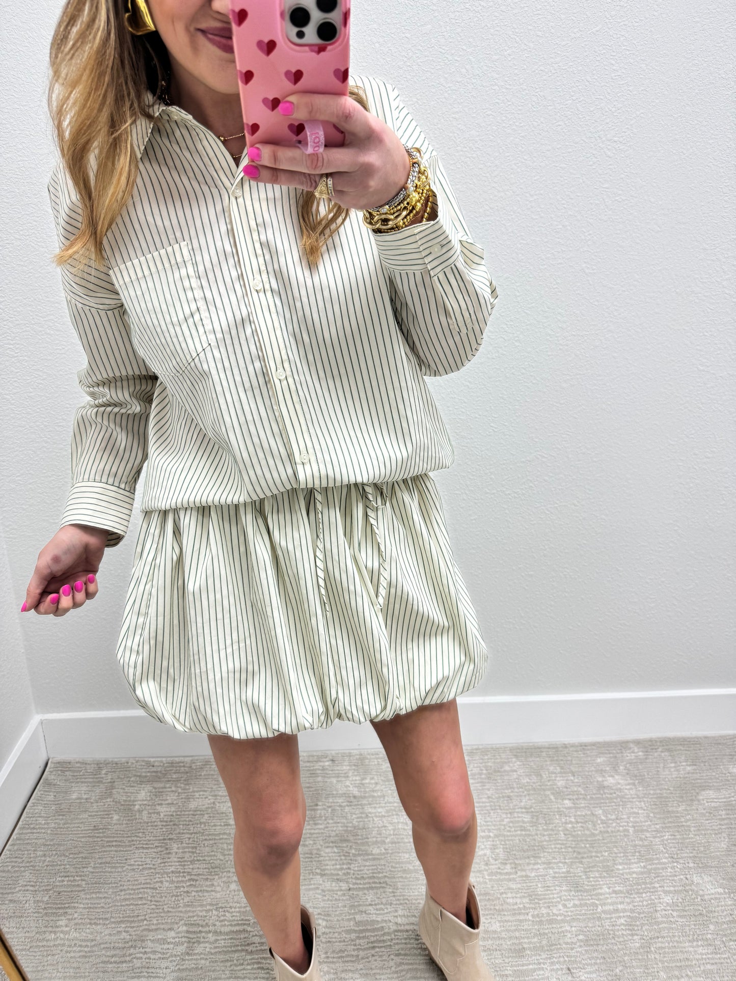 Green and Cream Striped Bubble Skirt Two Piece Set