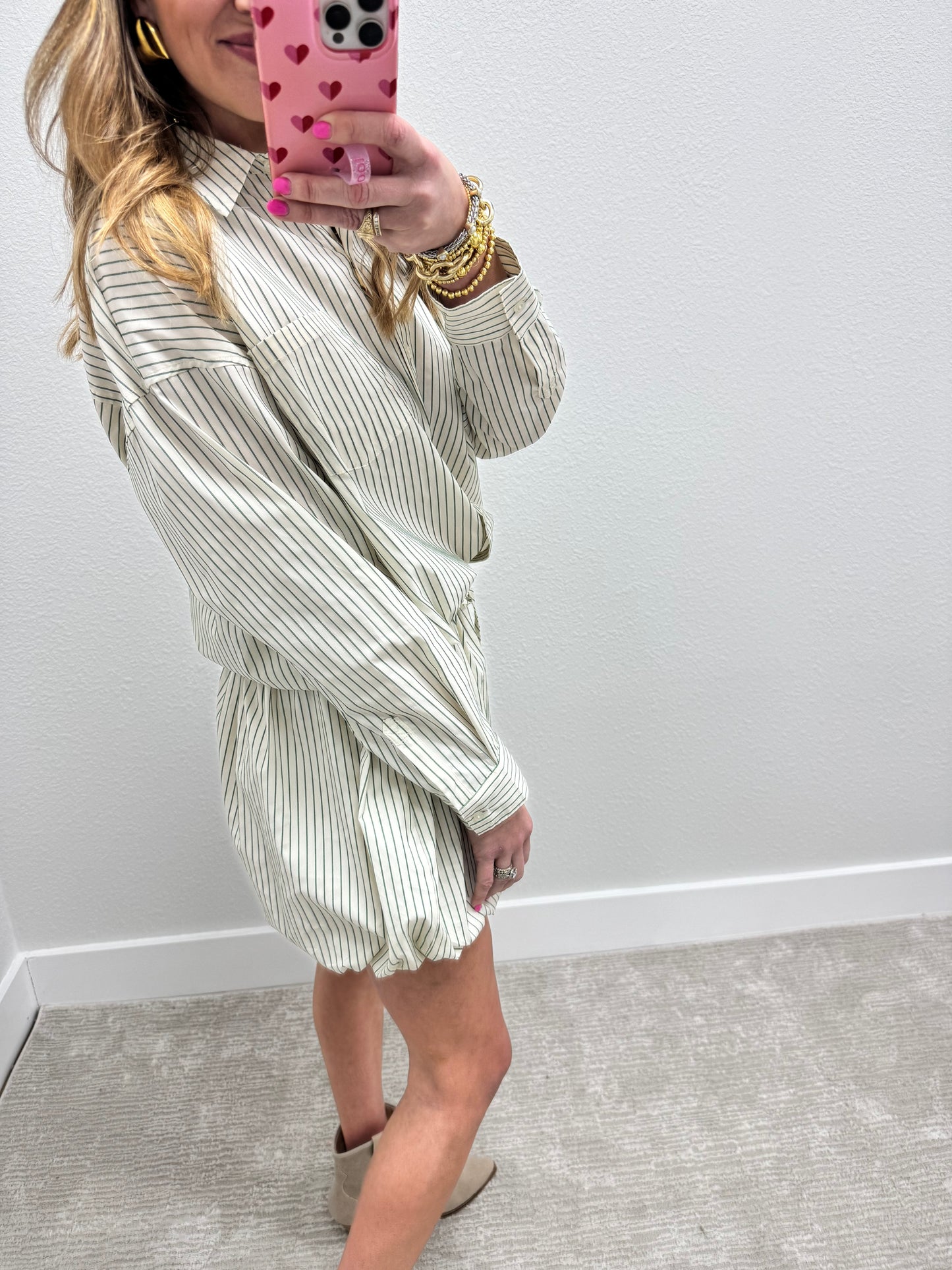Green and Cream Striped Bubble Skirt Two Piece Set
