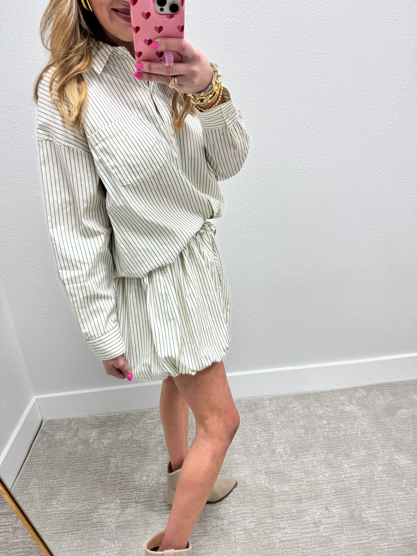 Green and Cream Striped Bubble Skirt Two Piece Set
